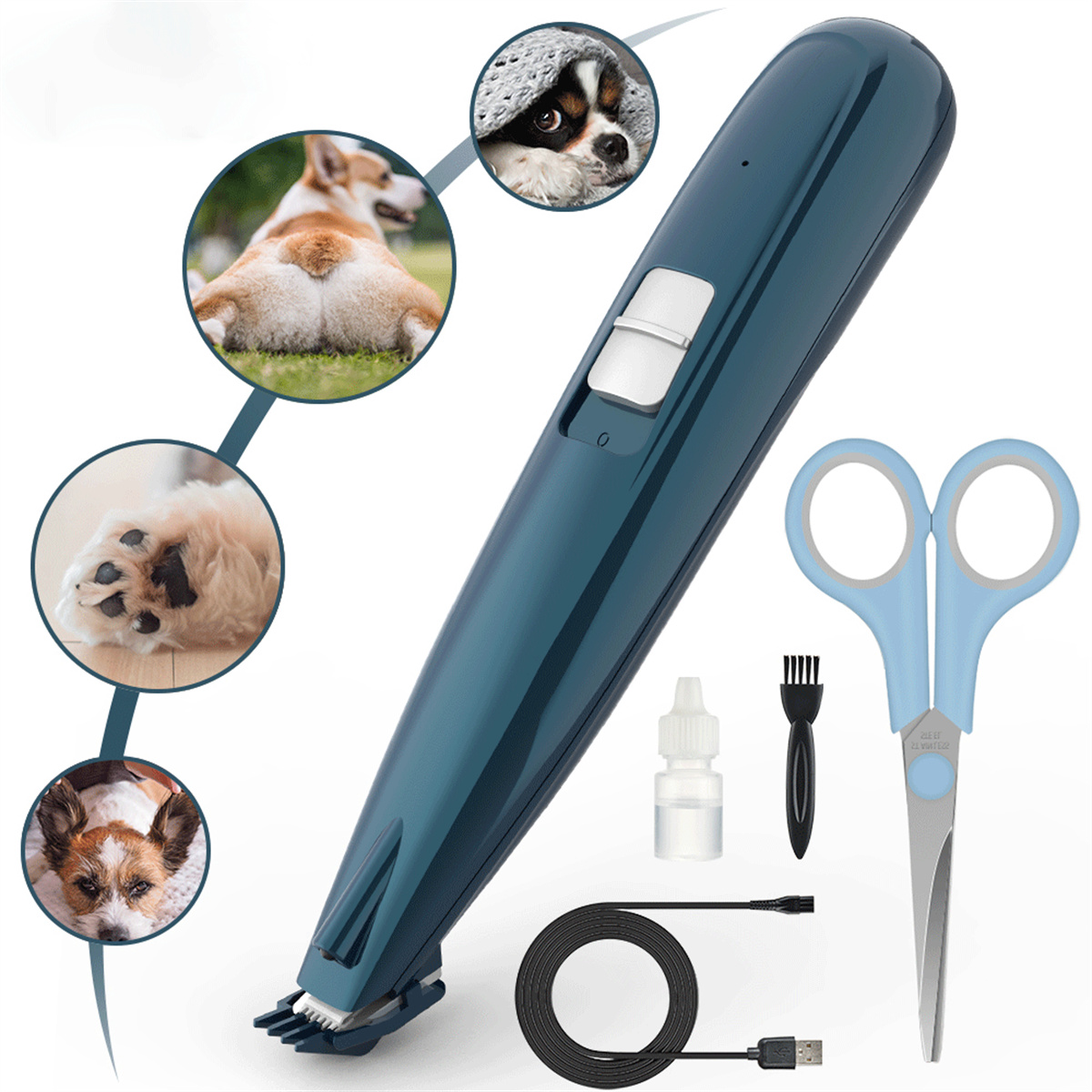 Hunde-Pflegeset mit Trimmer, Schere, Öl, Bürste und Ladekabel, plus Hunde-Bilder.