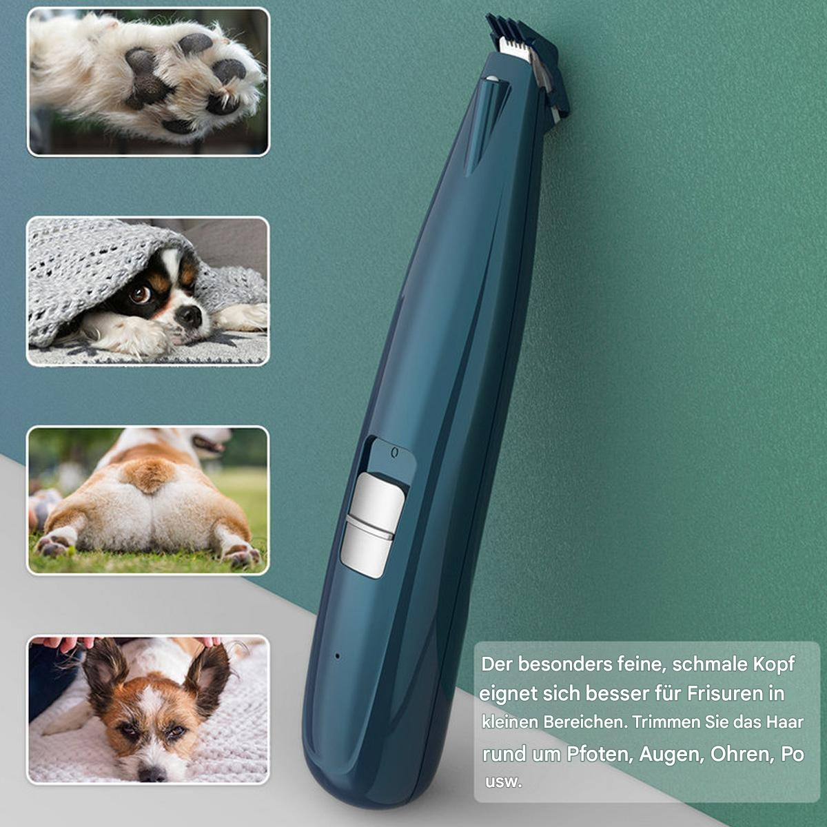 Hunde-Pflegegerät mit Bildern von Hunden, die die Pflege veranschaulichen, und einer Textbeschreibung.