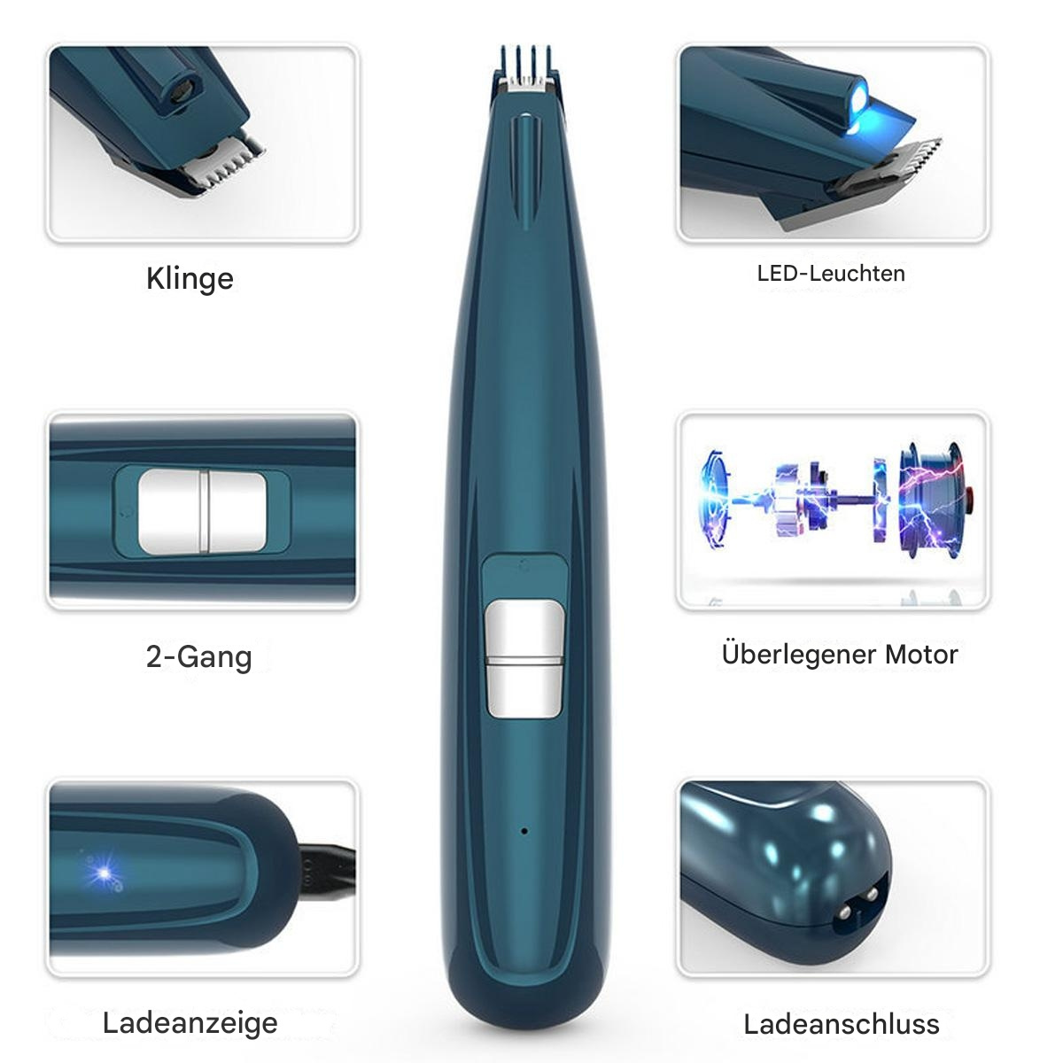 Nahaufnahme eines türkisfarbenen elektrischen Trimmers, mit beschrifteten Teilen. Text: Klinge, 2-Gang, überlegener Motor usw.