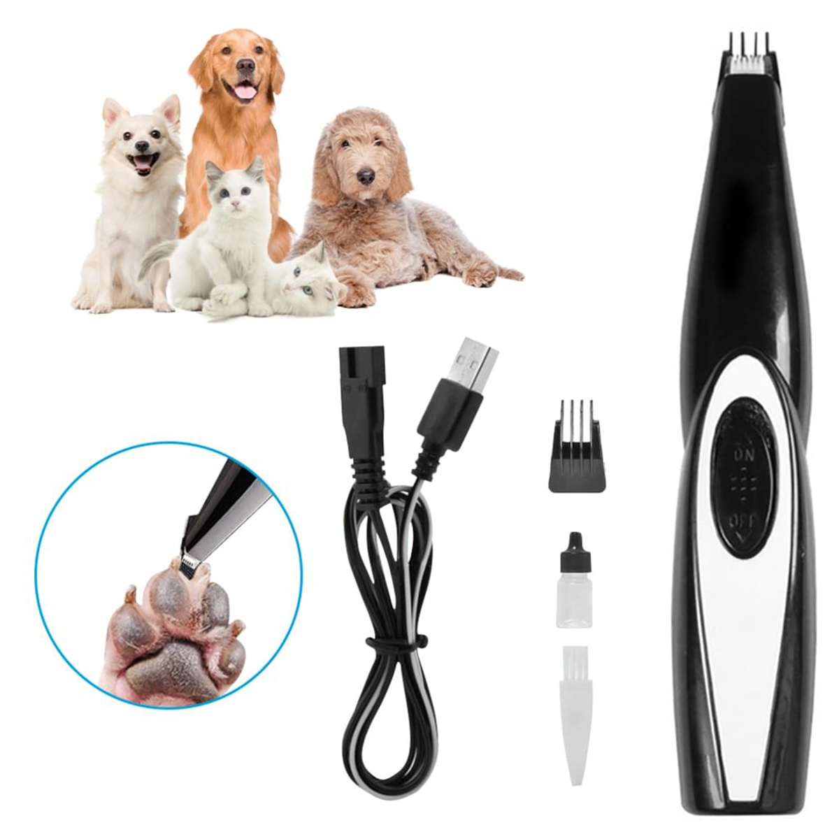 Pflege-Set für Haustiere mit Schermaschine, Ladekabel und Zubehör. Hunde und Katze im Hintergrund.