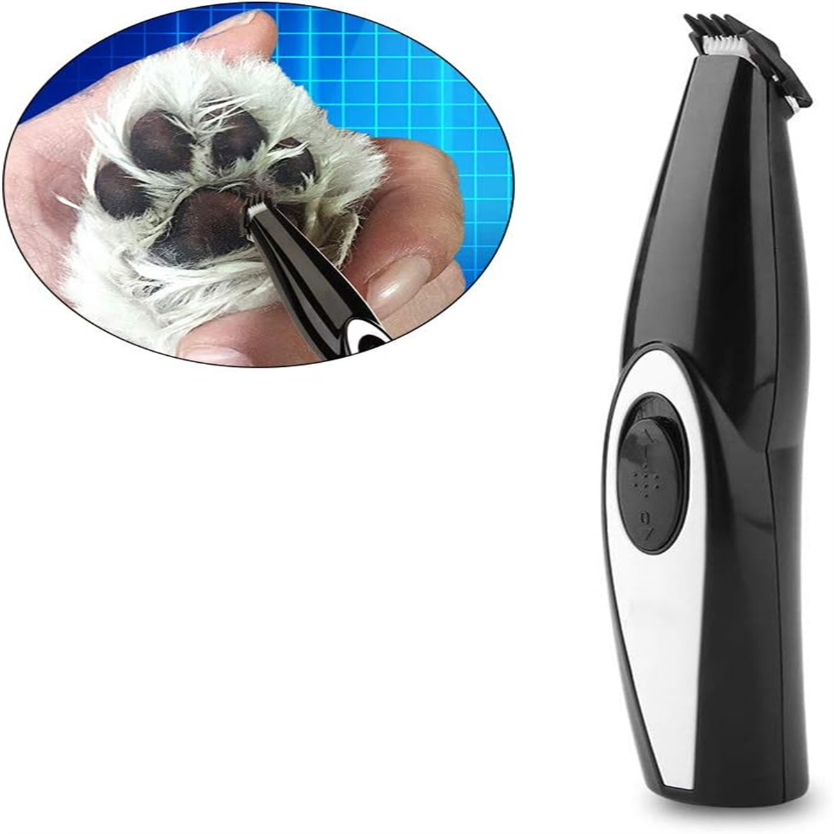 Eine Person trimmt die Pfote eines Hundes mit einem Trimmer. Der Trimmer ist schwarz und weiß.