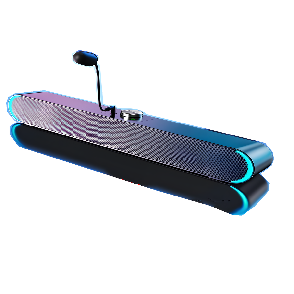 Eine silberne und schwarze Soundbar mit Mikrofon. Die Soundbar hat blaue und violette Lichter.