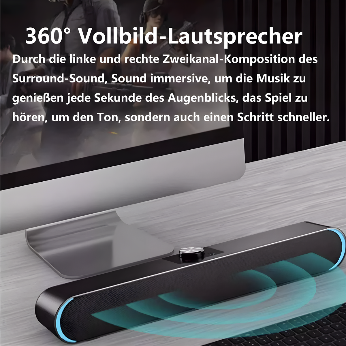 Schwarze Soundbar auf einem Schreibtisch. Text auf Deutsch beschreibt ihre Funktionen.