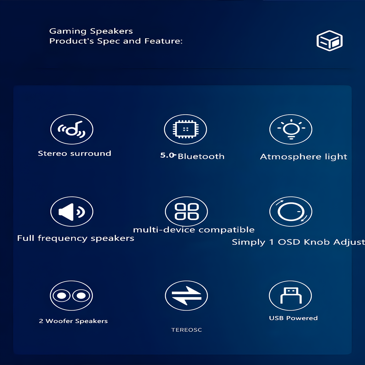 Symbole für Stereo-Surround, Bluetooth, Licht, Lautsprecher und mehr.