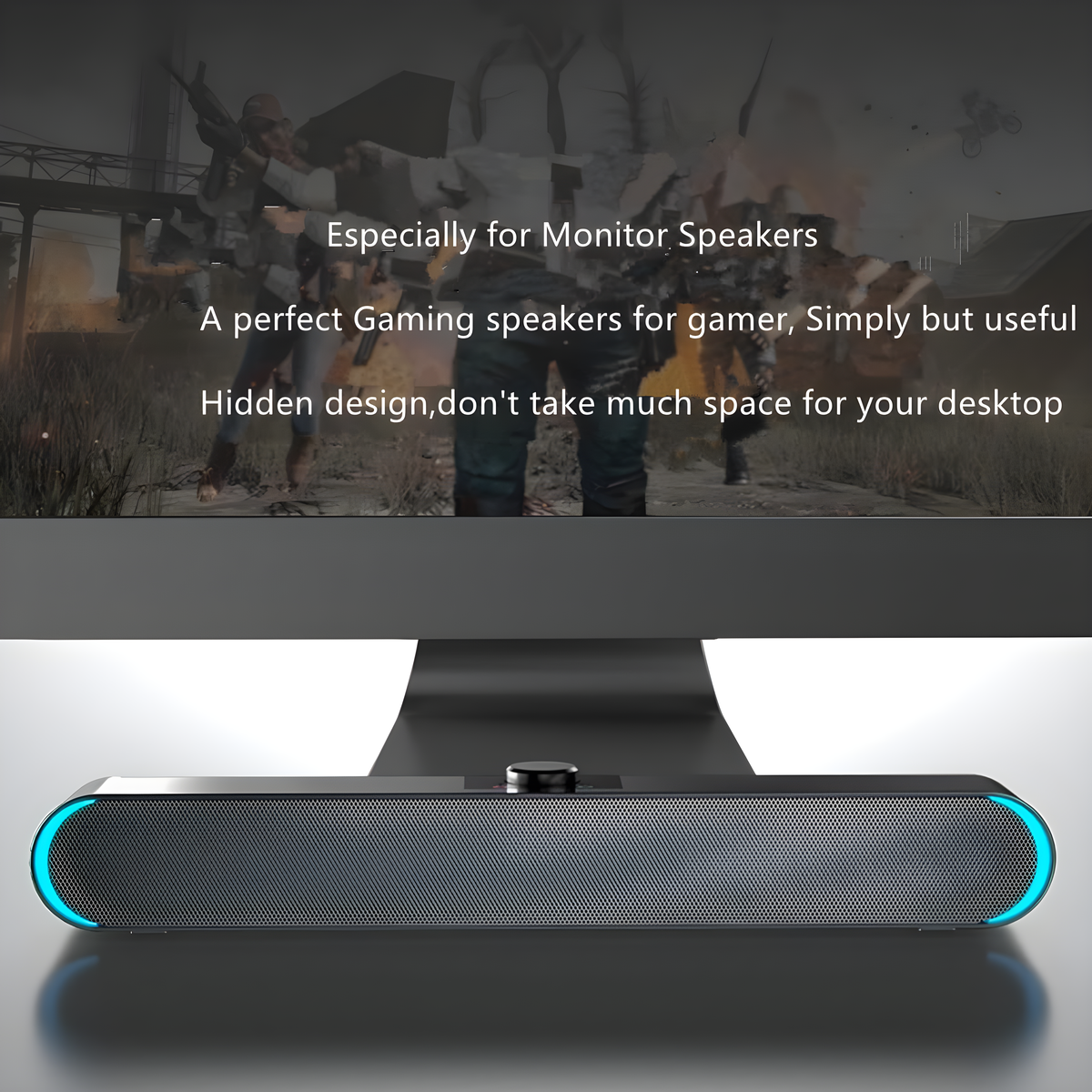 Schwarze Soundbar mit blauen Lichtakzenten. Text oben: 'Besonders für Monitorlautsprecher'.