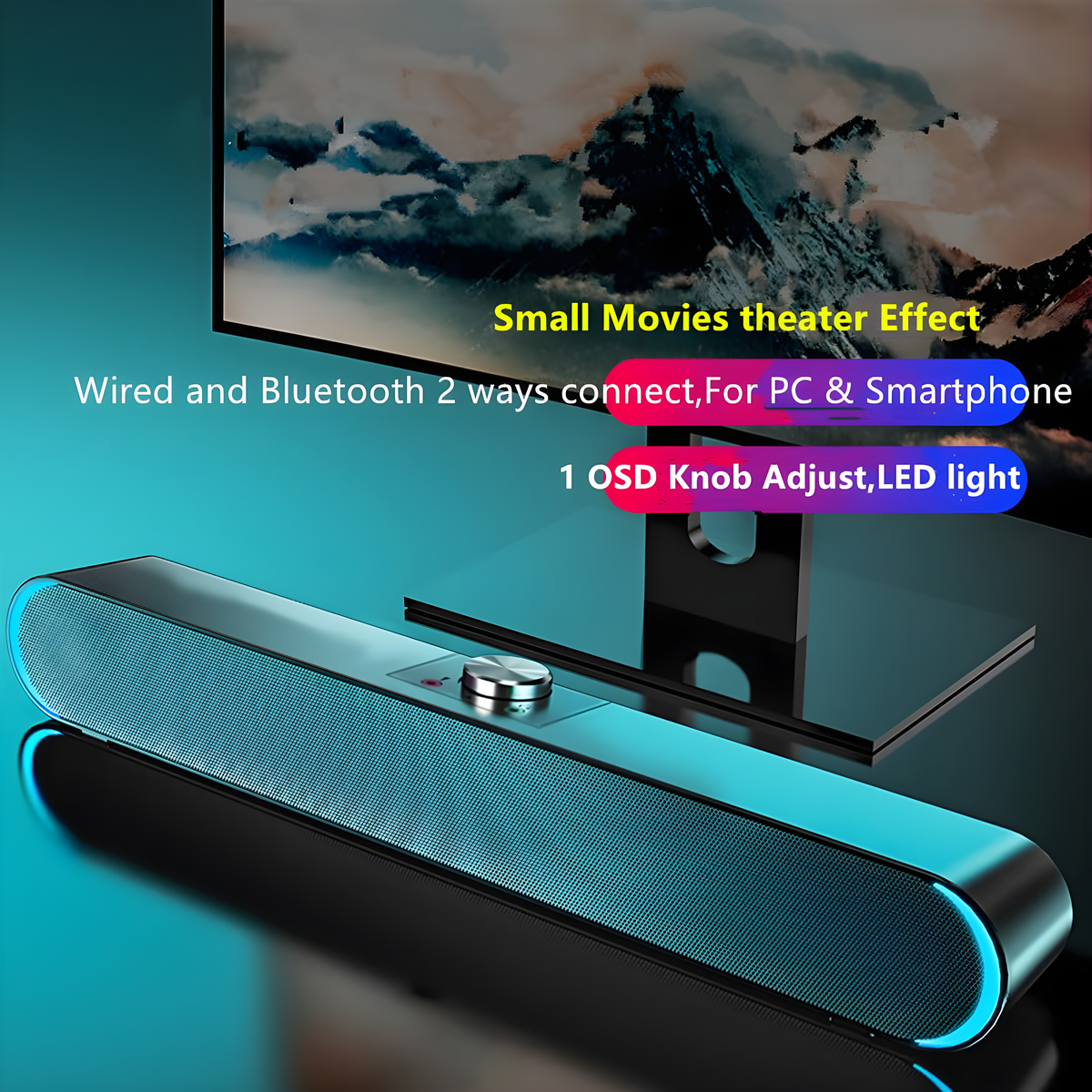 Soundbar mit blauen Lichtern unter TV. Text sagt 'Theater-Effekt', PC- & Smartphone-Anschluss.