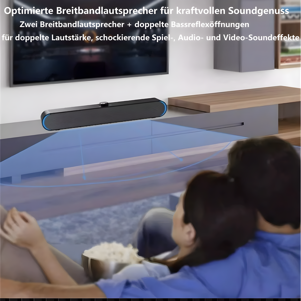 Personen schauen fern, Soundbar davor. Text: 'Optimierte Breitbandlautsprecher für kraftvollen Sound'.