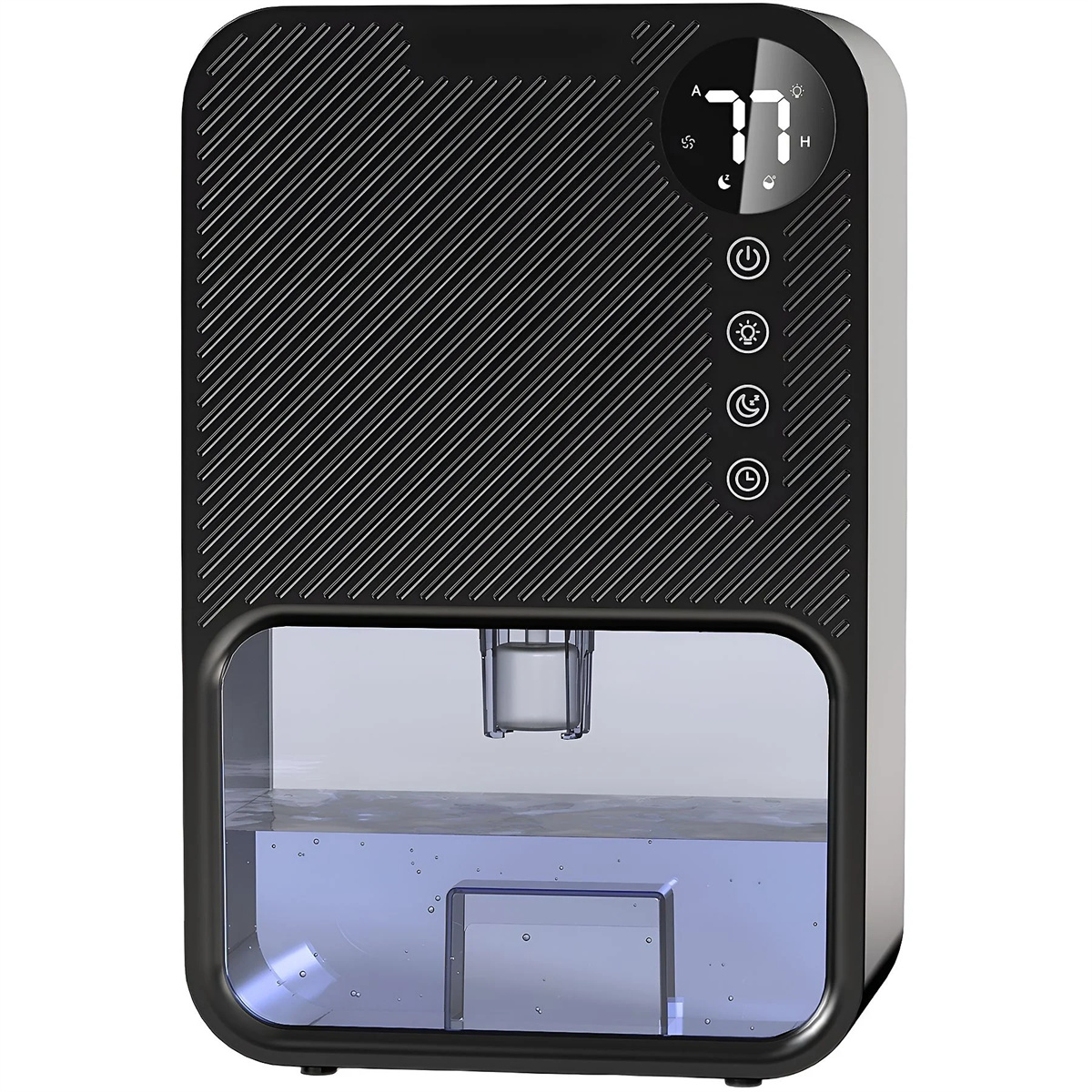 Ein schwarzer, rechteckiger Luftbefeuchter mit Wassertank und Display. Tasten und ein digitales Display sind sichtbar.