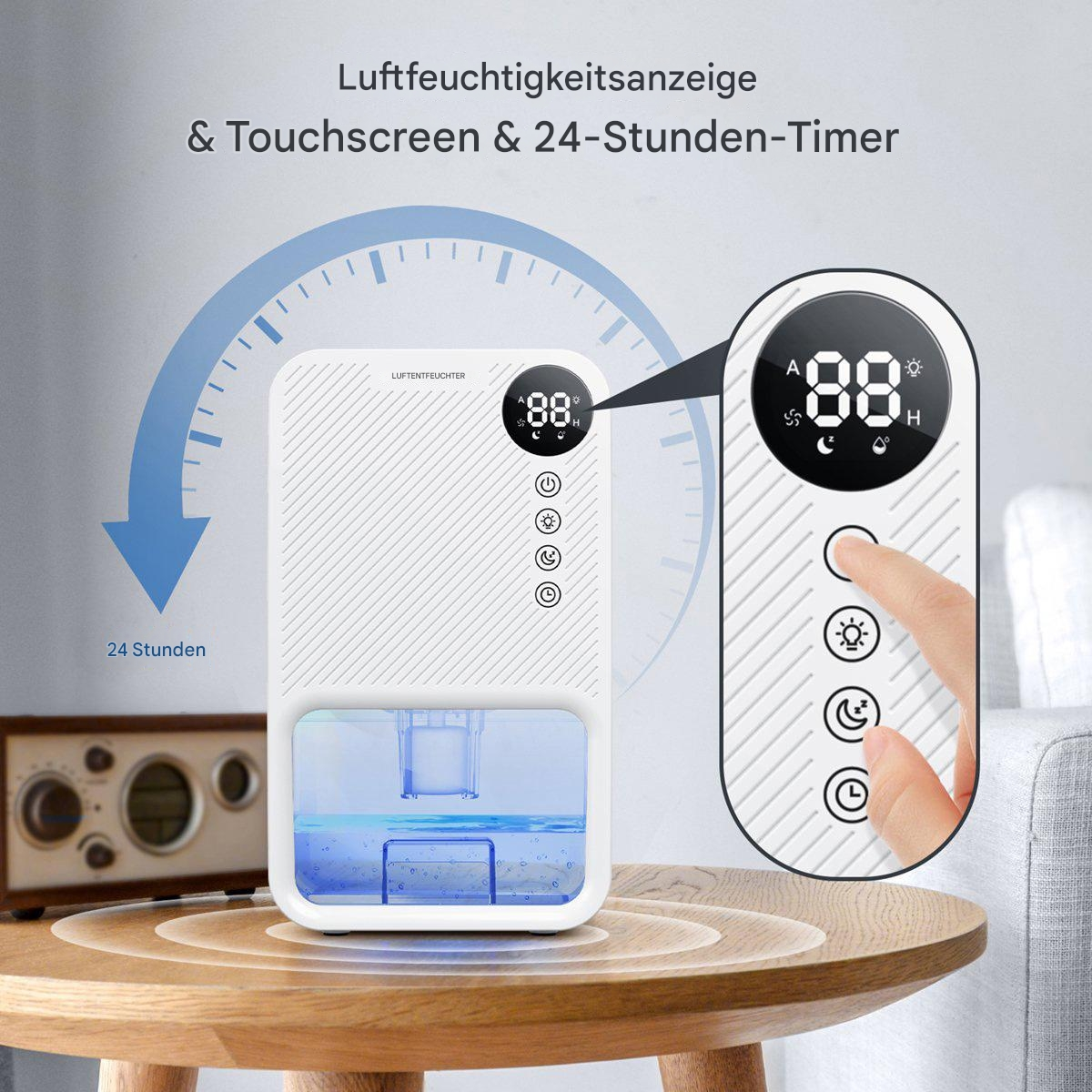Weißer Luftentfeuchter mit Touchscreen, Digitalanzeige und Bedienfeld. Eine Hand berührt den Bildschirm.