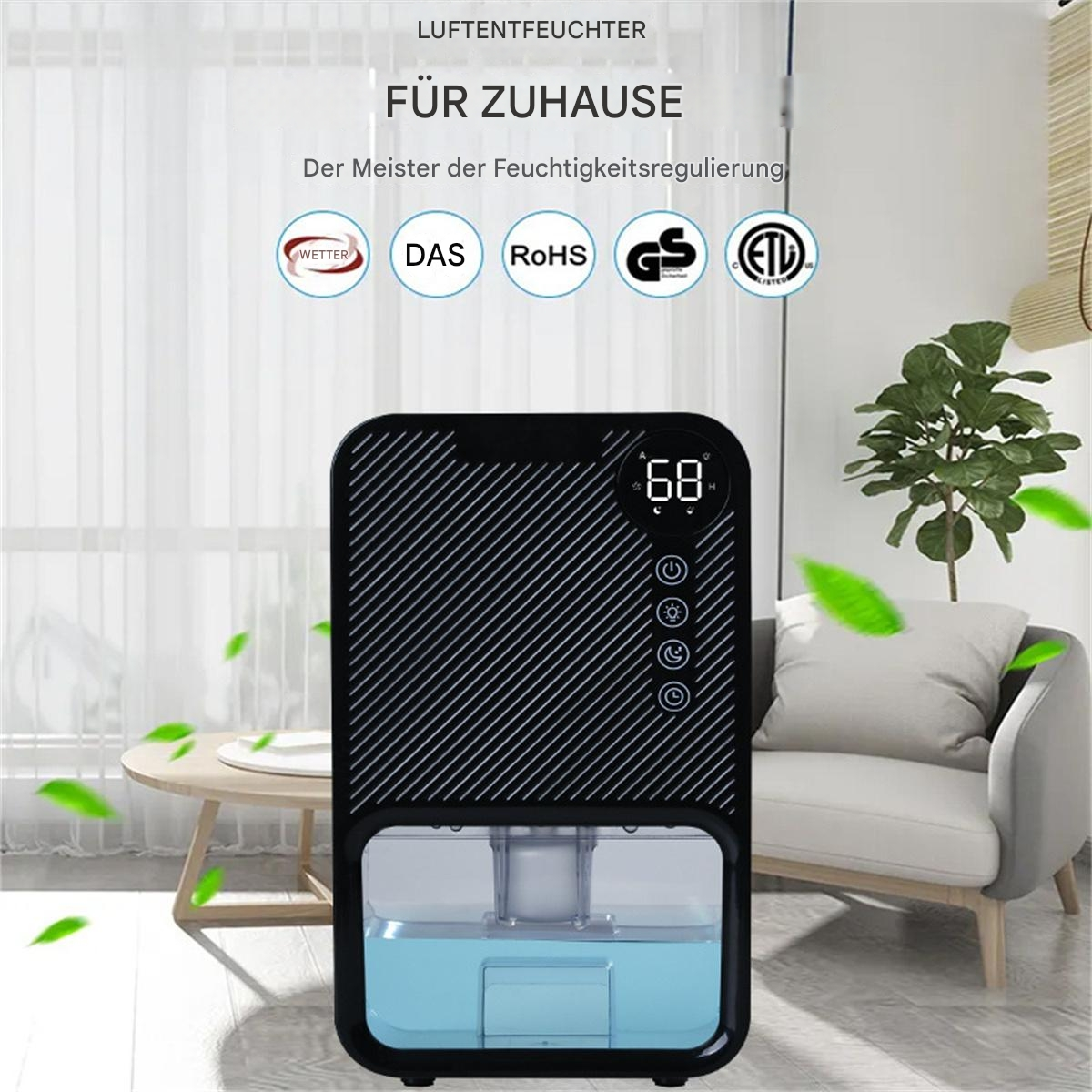 Ein schwarz-weißer Luftentfeuchter mit beleuchtetem Display, mit grünen Blättern in der Luft.