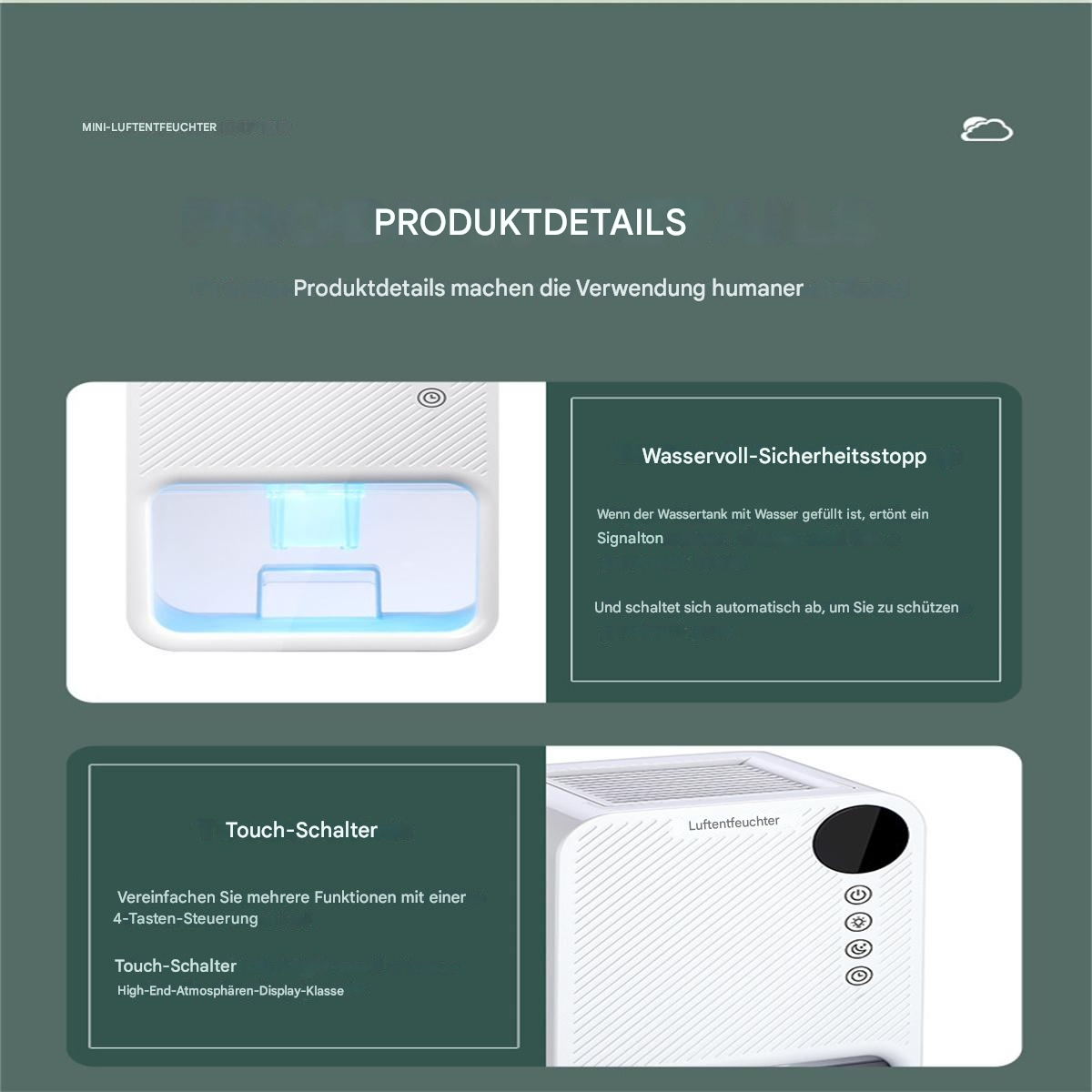 Ein weißer Luftbefeuchter mit Produktdetails, einschließlich eines Touch-Schalters und Wassersicherheitsstopp.