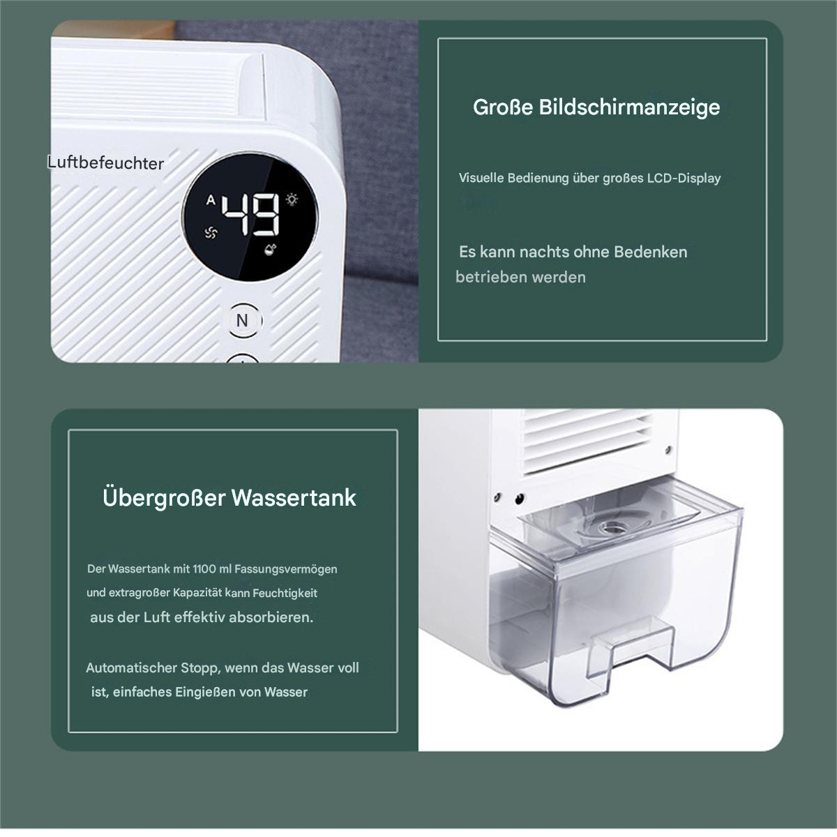 Weißer Luftbefeuchter mit Digitalanzeige und Wassertank sowie einem transparenten Wasserbehälter.