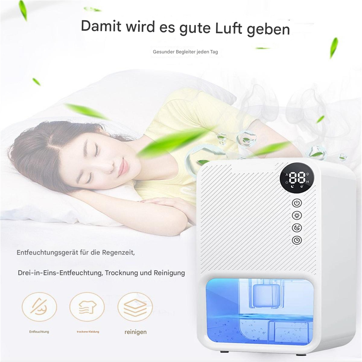 Eine schlafende Frau mit einem weißen Luftreiniger in der Nähe. Das Gerät hat ein Display und Textlabels.