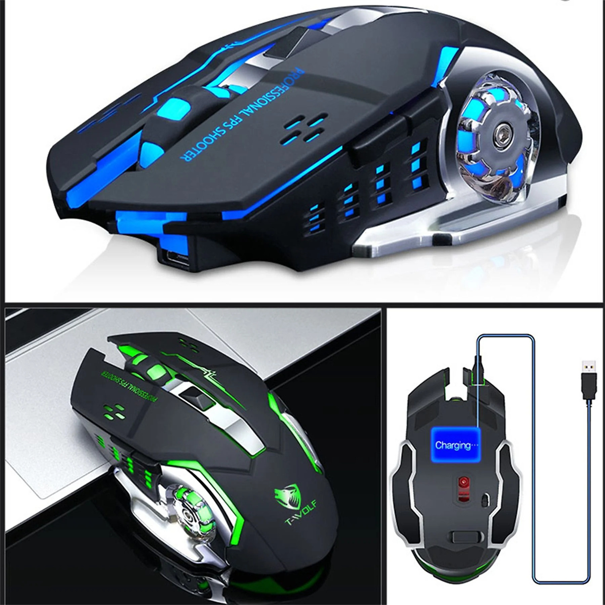 Schwarze Gaming-Maus mit blauen und grünen Lichtern. Mehrere Ansichten, einschließlich Aufladen über USB-Kabel. 'Charging' wird angezeigt.