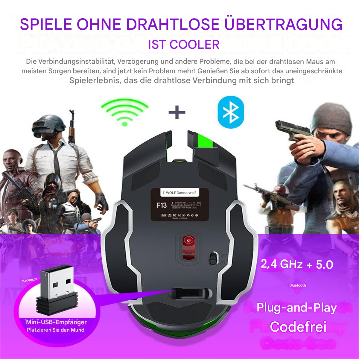 Kabellose Maus mit USB-Empfänger, und Leute, die im Hintergrund spielen. Text auf Deutsch.
