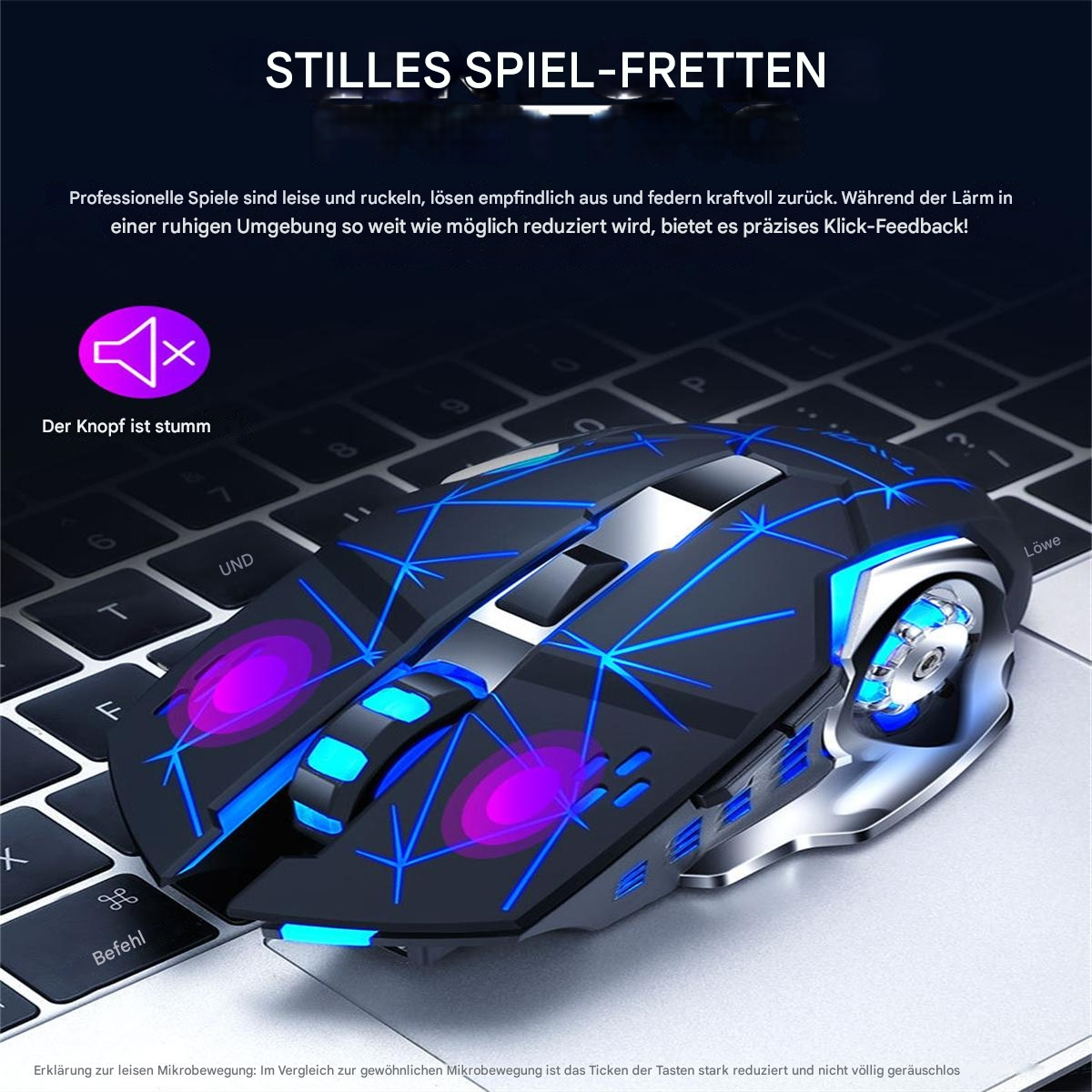 Schwarze Gaming-Maus auf einer Laptop-Tastatur. Sie hat blaue und lila Lichter.