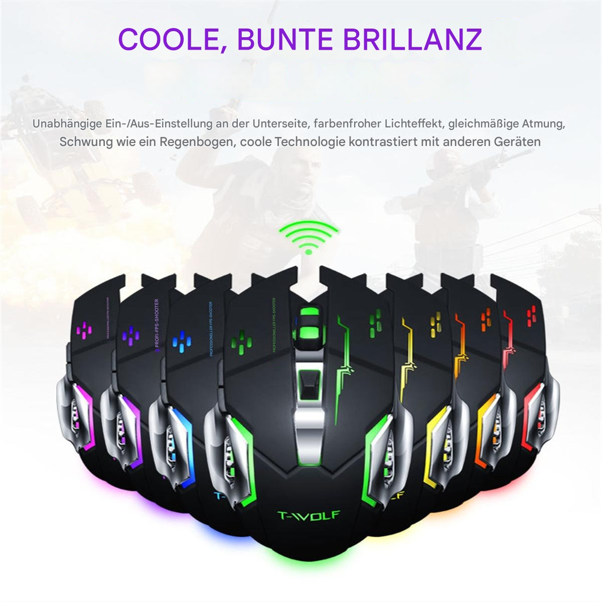 Eine Reihe von Gaming-Mäusen mit hellen Farben. Sie haben Knöpfe und sind in verschiedenen Farben beleuchtet.