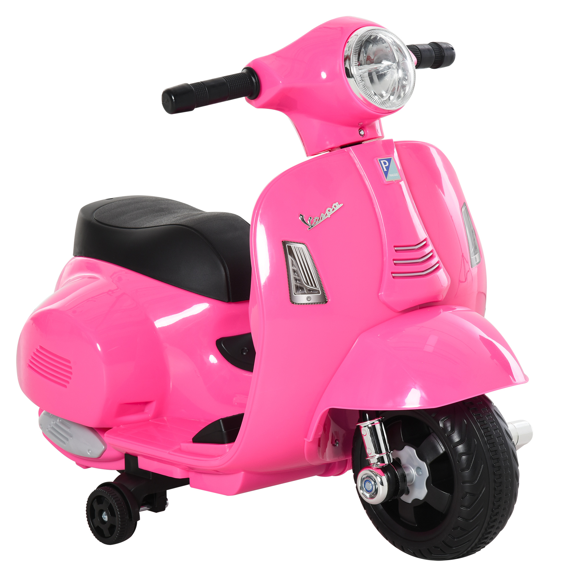 Scooter giocattolo Vespa rosa. Ha pneumatici neri, sella nera e faro bianco. Lo scooter è in posizione verticale.
