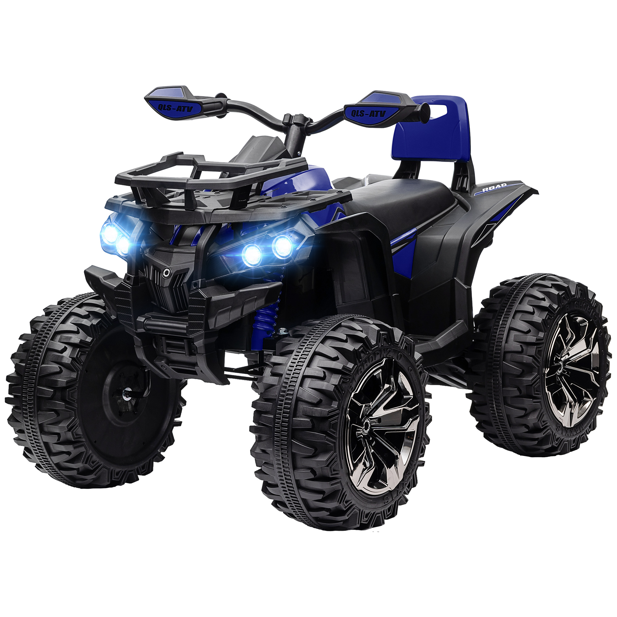 ATV giocattolo blu e nero. Ha grandi pneumatici neri, fari e un sedile blu. L'ATV è in posizione verticale.