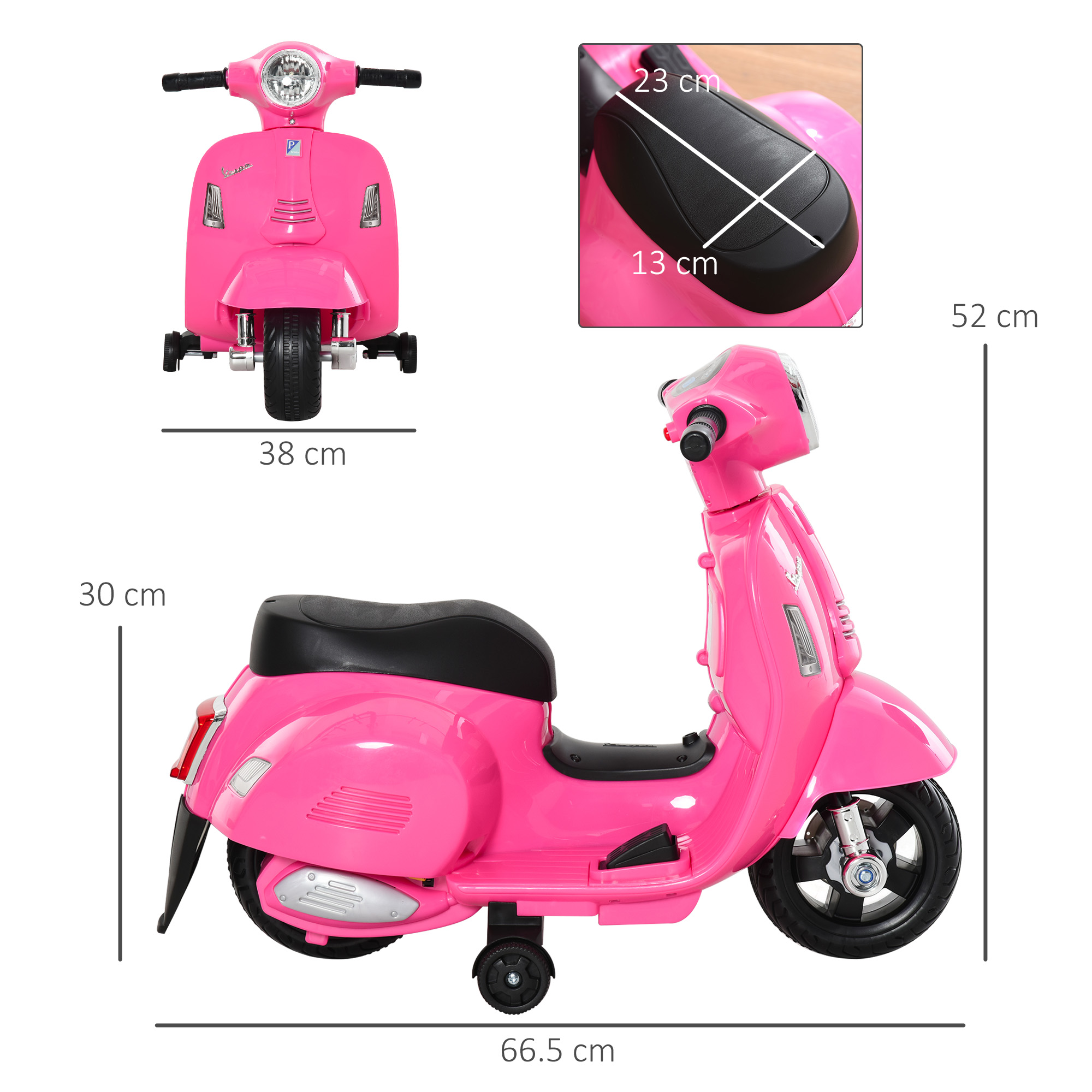Scooter giocattolo rosa con dimensioni. Le dimensioni sono indicate. Sedile e dettagli neri. Sfondo bianco.