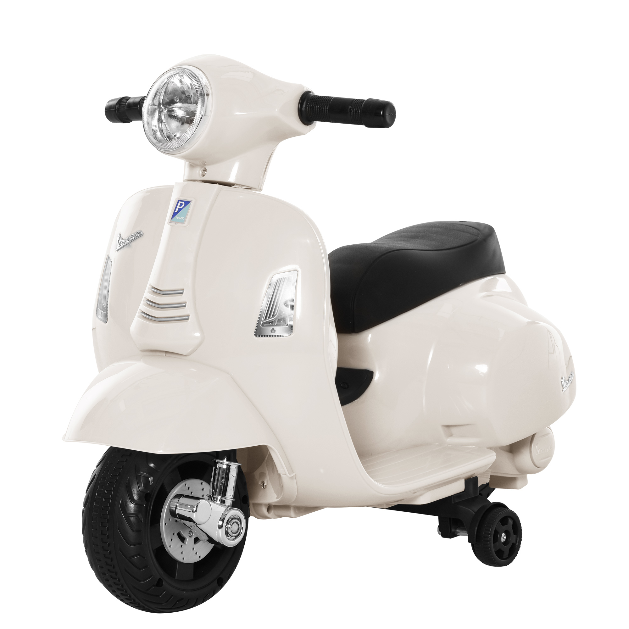 Un giocattolo scooter bianco in stile Vespa con sedile nero, faro anteriore e ruote piccole.