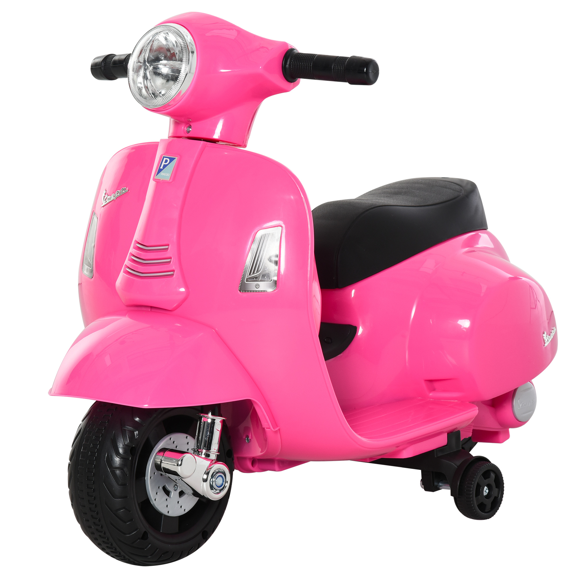 Un giocattolo scooter rosa in stile Vespa con sedile nero, faro anteriore e ruote piccole.