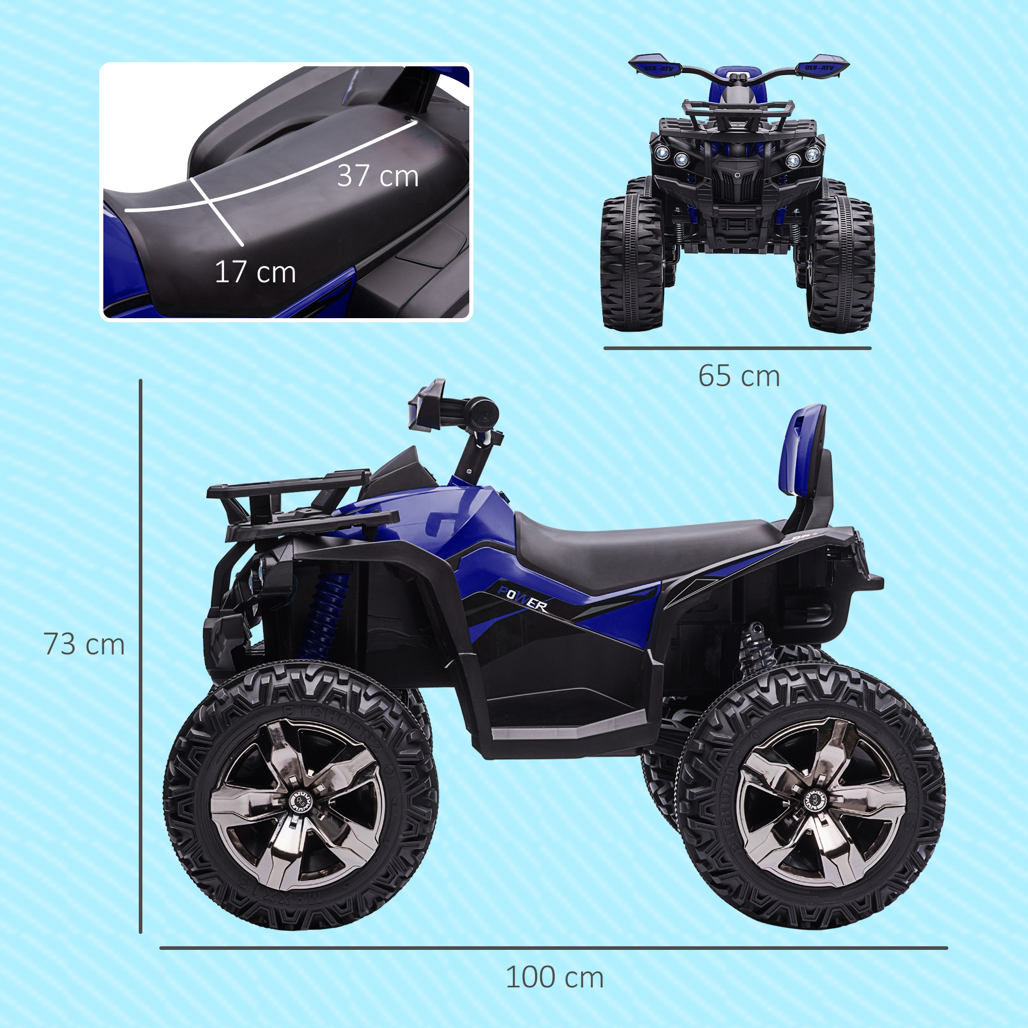 Quad giocattolo blu con dimensioni. Viste laterali e frontali, misure in cm. Ruote e pneumatici neri.
