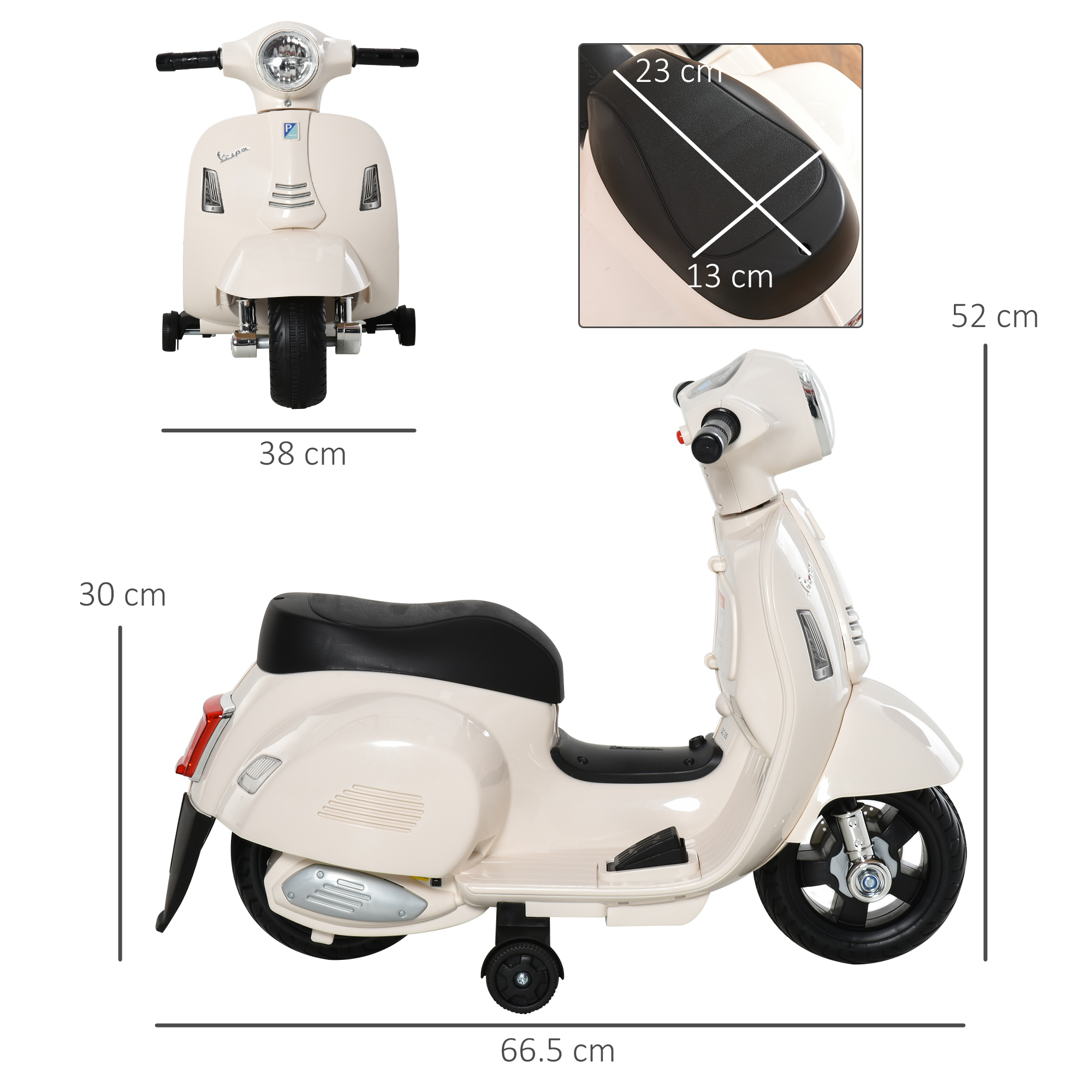 Uno scooter Vespa giocattolo color crema con misure. Ha un sedile nero e piccole rotelle.