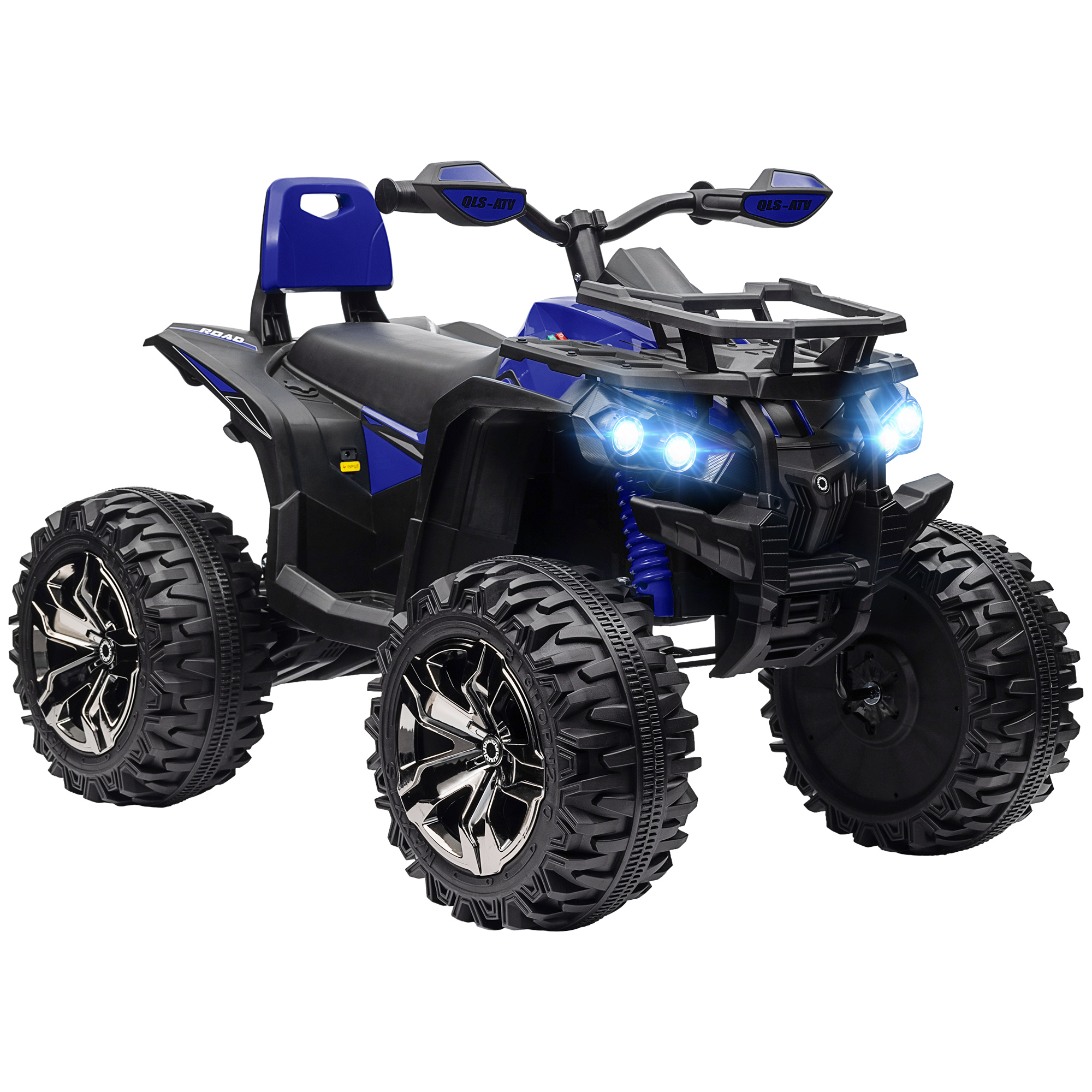 Un giocattolo ATV blu e nero con pneumatici grandi, su sfondo bianco.