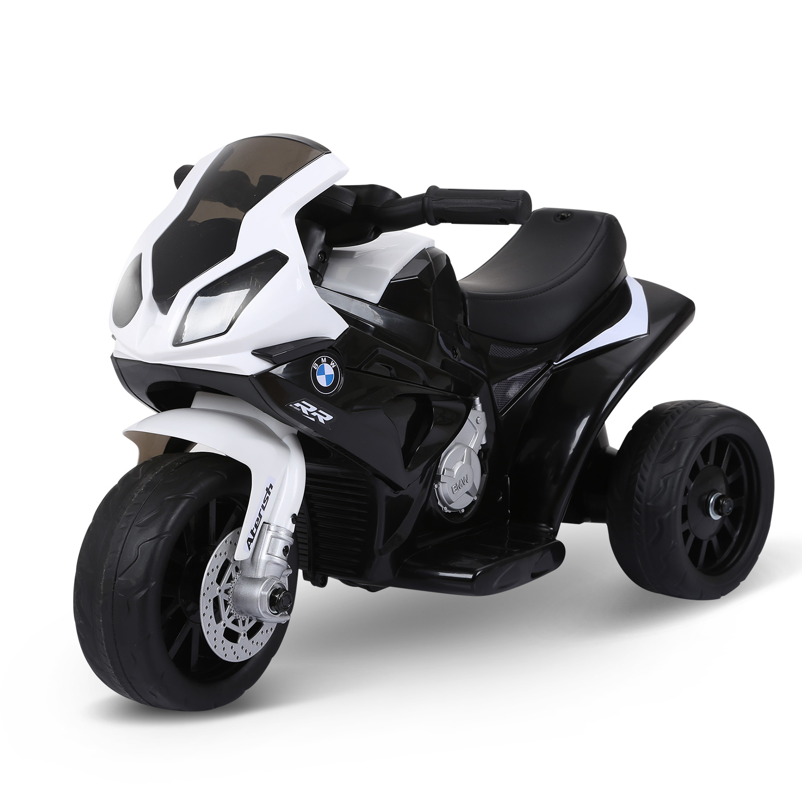 Un giocattolo moto BMW bianco e nero con tre ruote, luce anteriore e sedile nero.