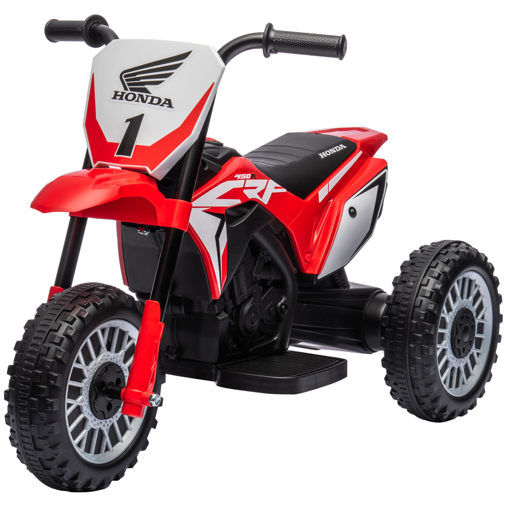 Giocattolo moto Honda rosso, bianco e nero a tre ruote. Logo Honda bianco sul davanti.