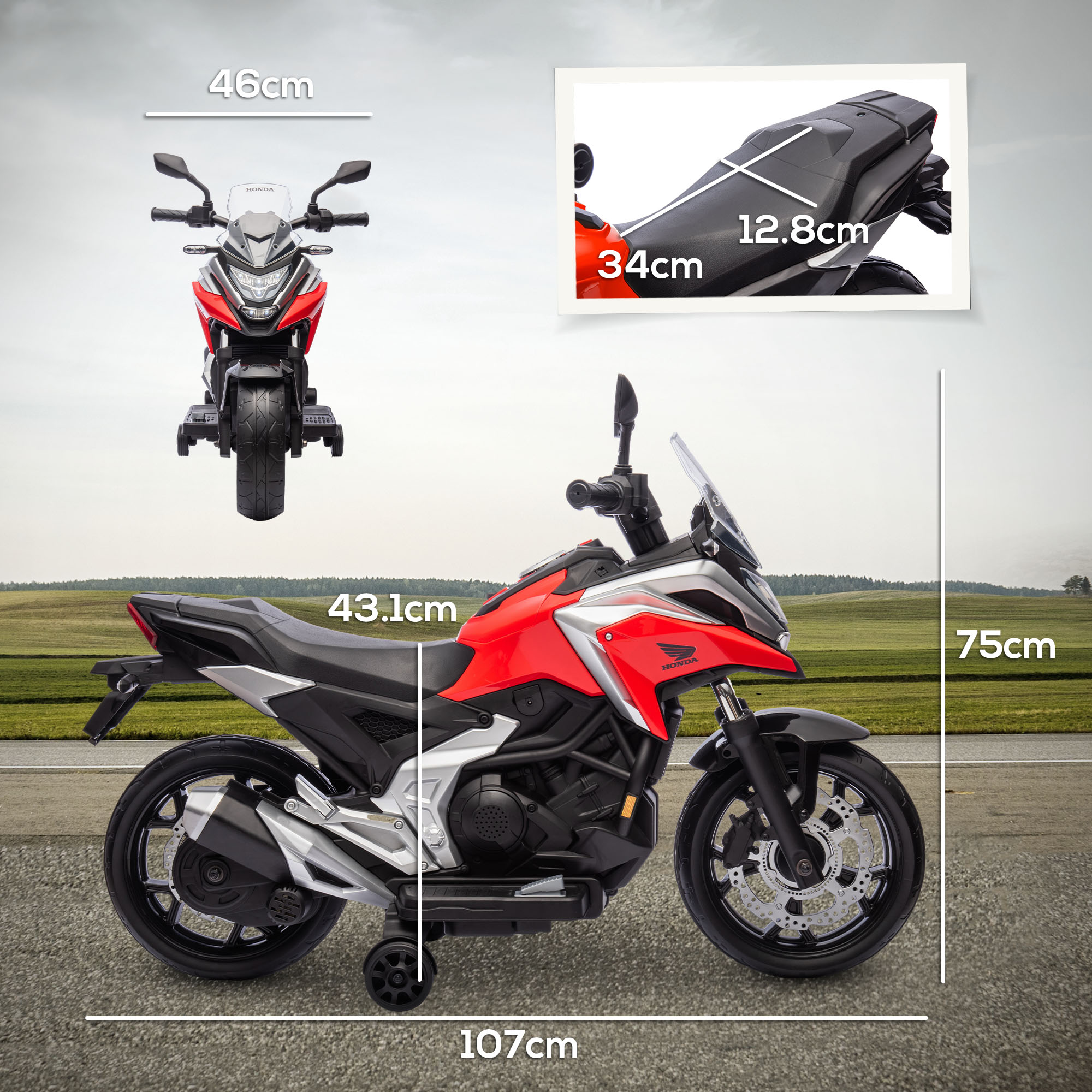 Moto Honda giocattolo rossa e argento con dimensioni. Sono mostrati anche i dettagli del sedile.