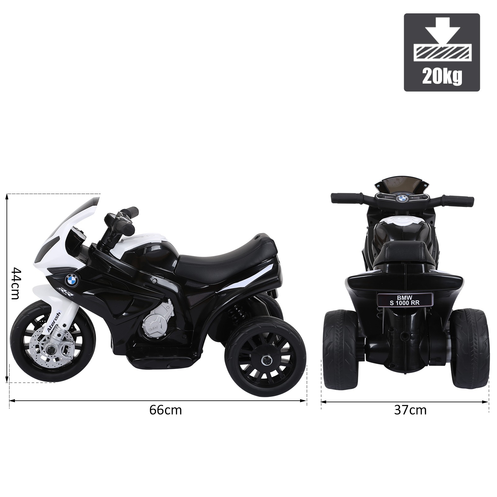 Motocicletta giocattolo in bianco e nero. Dettagli dimensionali. Dettagli bianchi, neri e rossi.