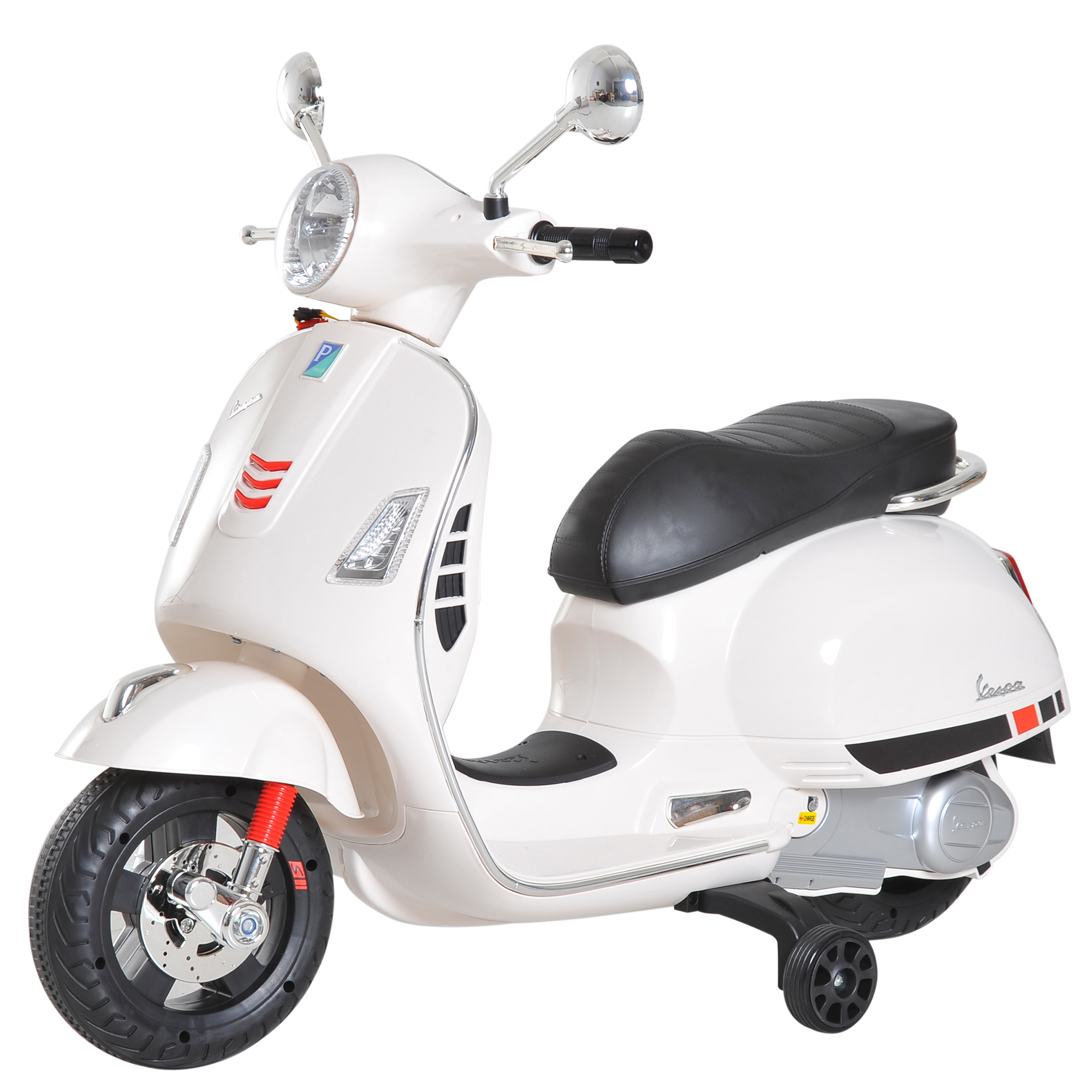 Giocattolo scooter Vespa bianco con sedile nero, dettagli cromati e accenti rossi.