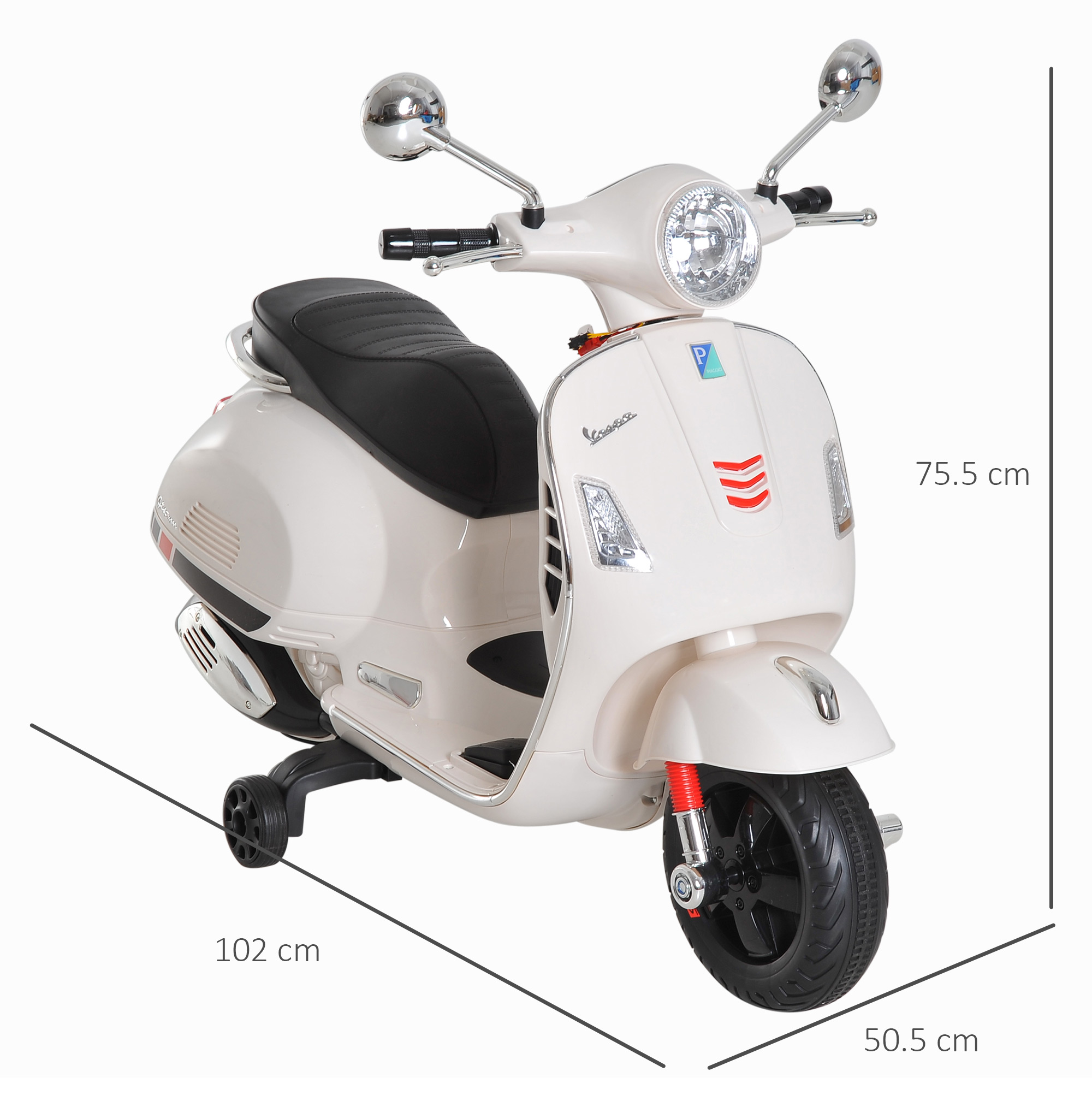 Scooter Vespa giocattolo bianco con ruote nere e rotelle. Sono incluse le misure.