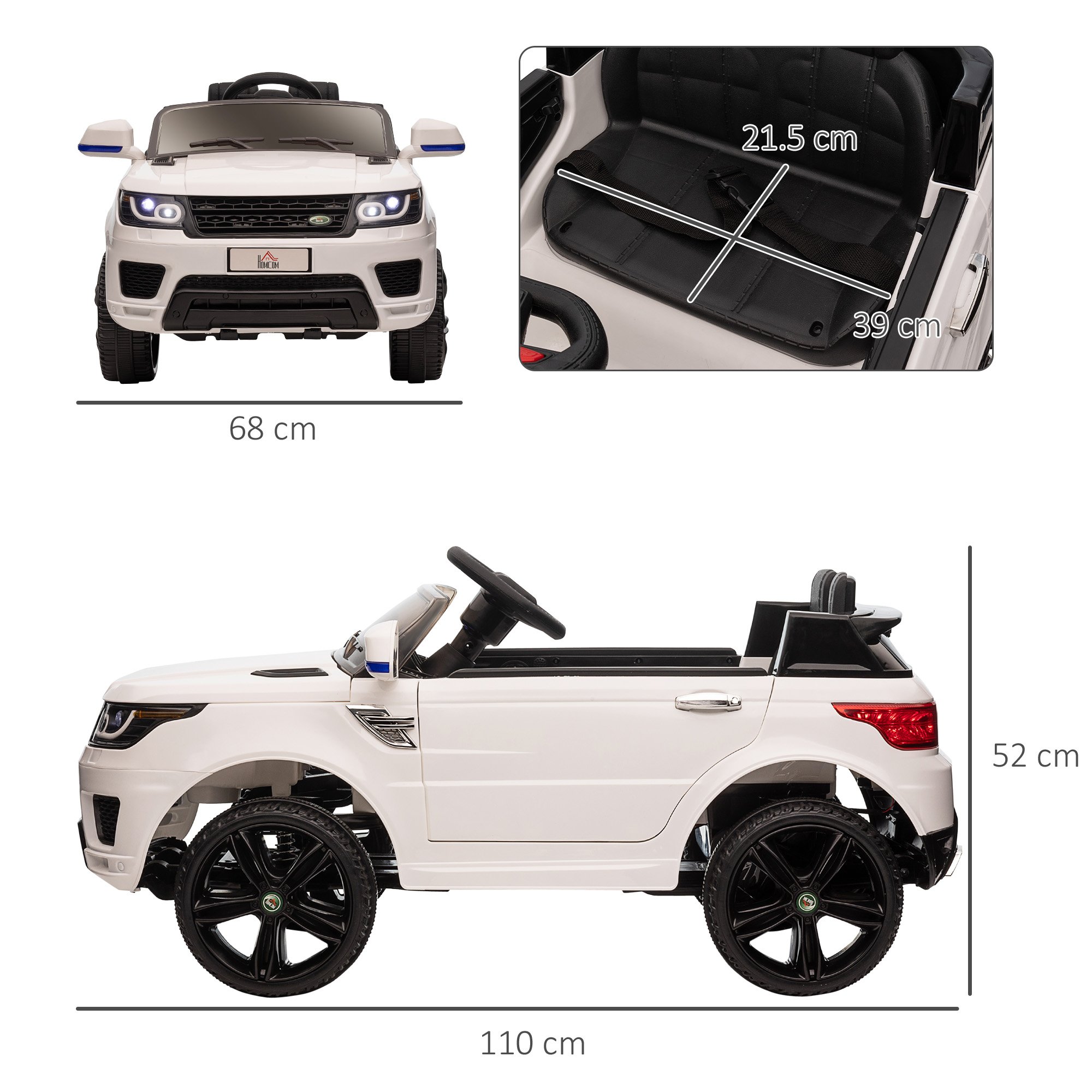 Un SUV giocattolo bianco con ruote nere. Sono fornite le misure, che mostrano le dimensioni in cm.