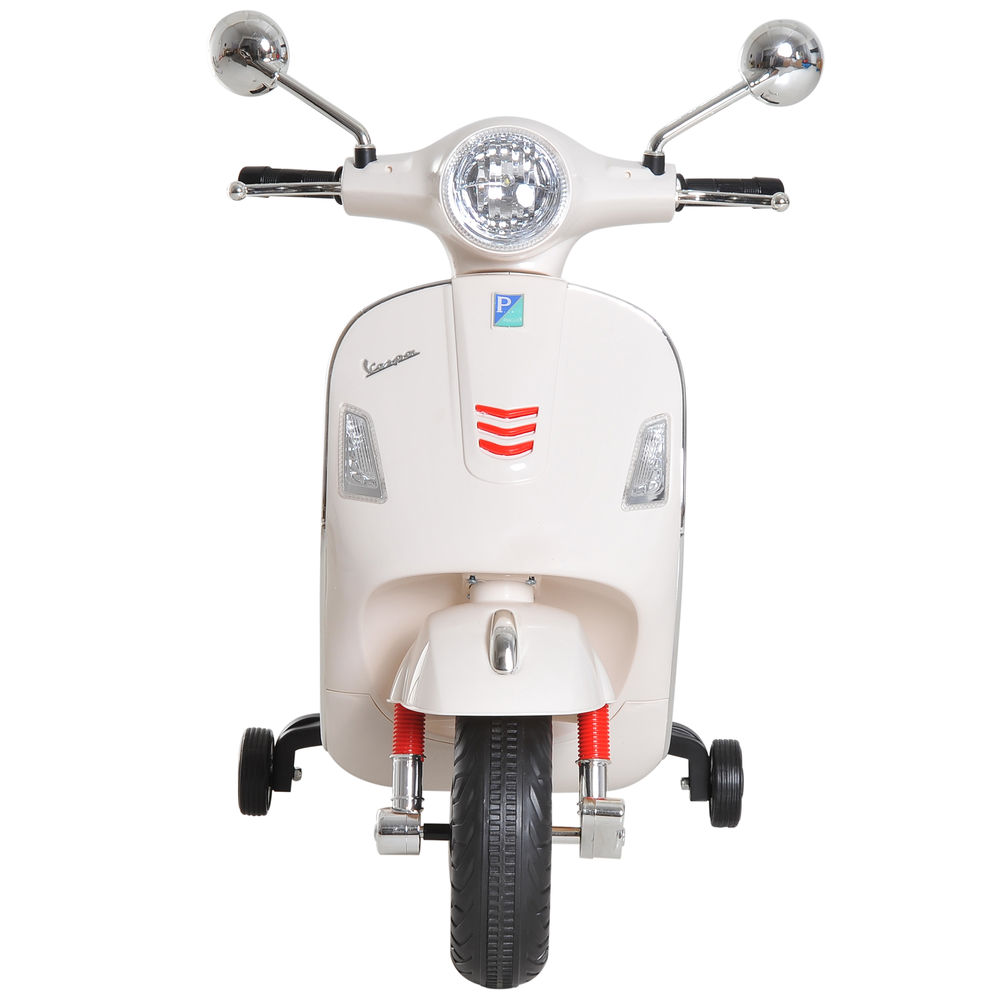 Un giocattolo scooter bianco in stile Vespa con dettagli rossi, luci anteriori e specchietti, sfondo bianco.