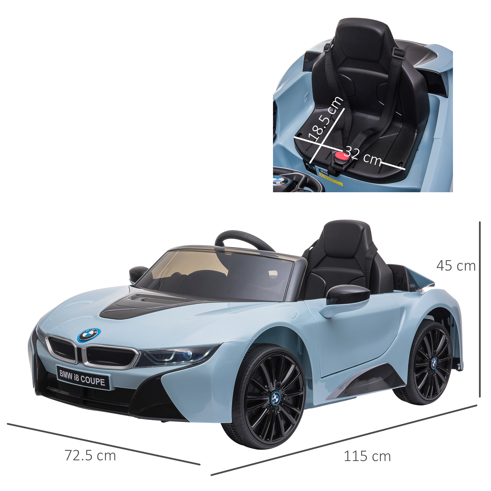 Auto blu BMW i8 Coupe per bambini con ruote e sedile neri, dimensioni dettagliate.