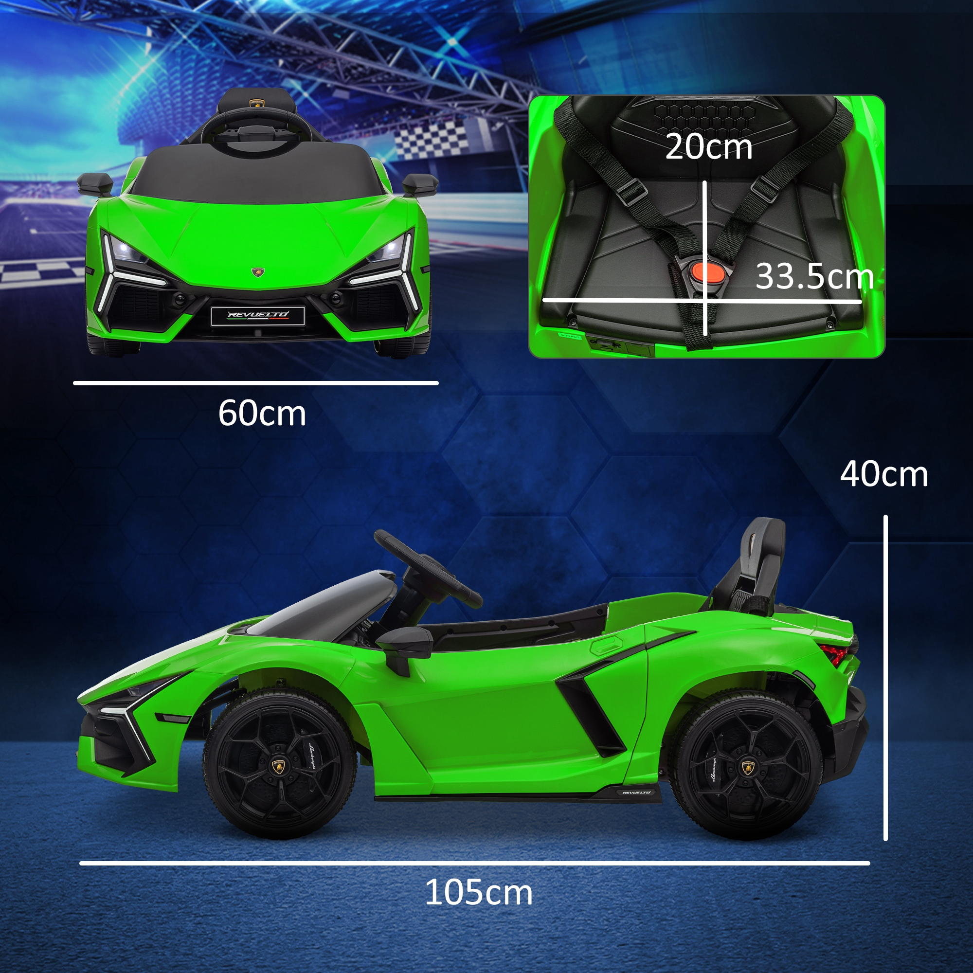 Un'auto giocattolo verde con dimensioni etichettate. La vista dall'alto mostra le dimensioni del sedile. Sfondo blu.