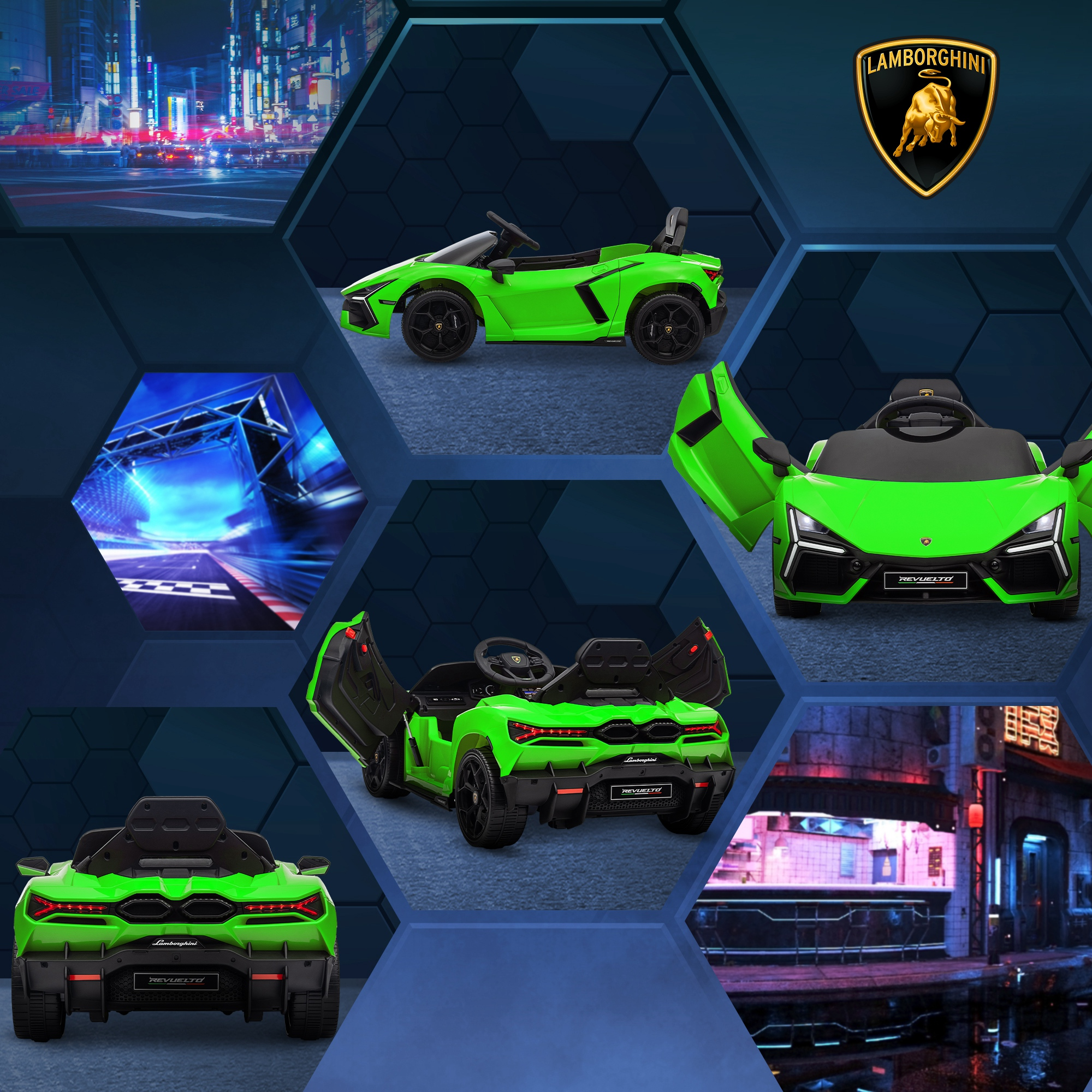 Collage di auto giocattolo Lamborghini verdi in varie viste, con una città notturna sullo sfondo.