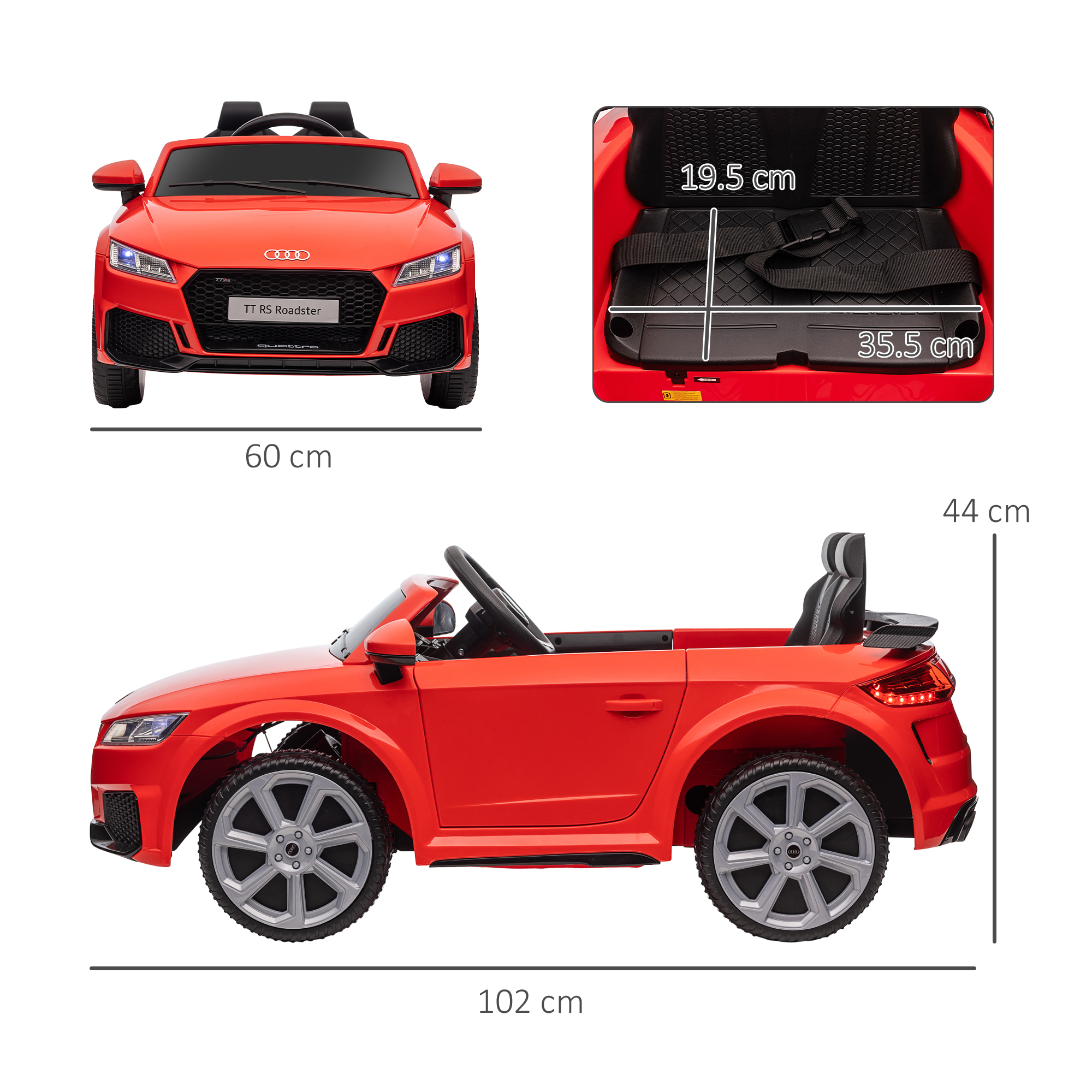 Auto rossa Audi TT RS Roadster per bambini, interni neri, dimensioni dettagliate.