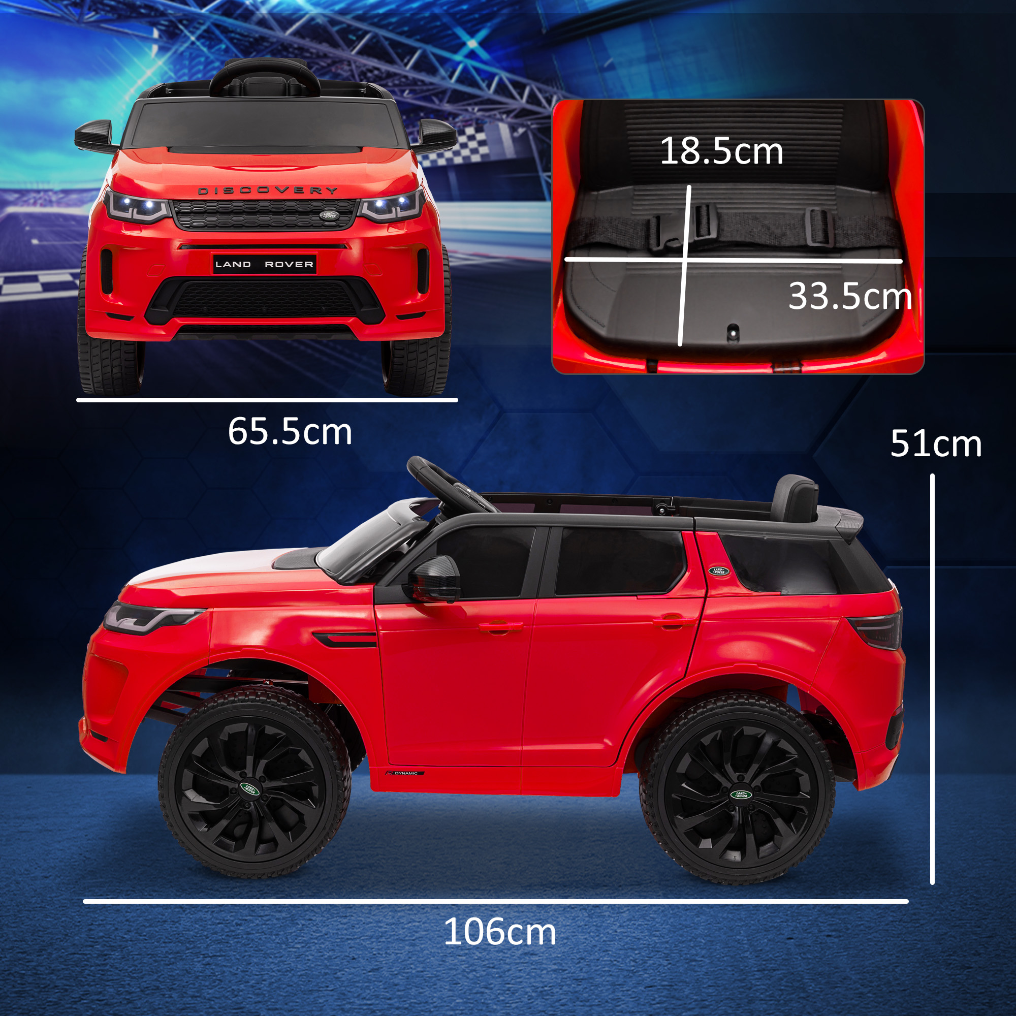 Auto giocattolo Land Rover rossa, con misure. Vista frontale, laterale e dettagli interni.
