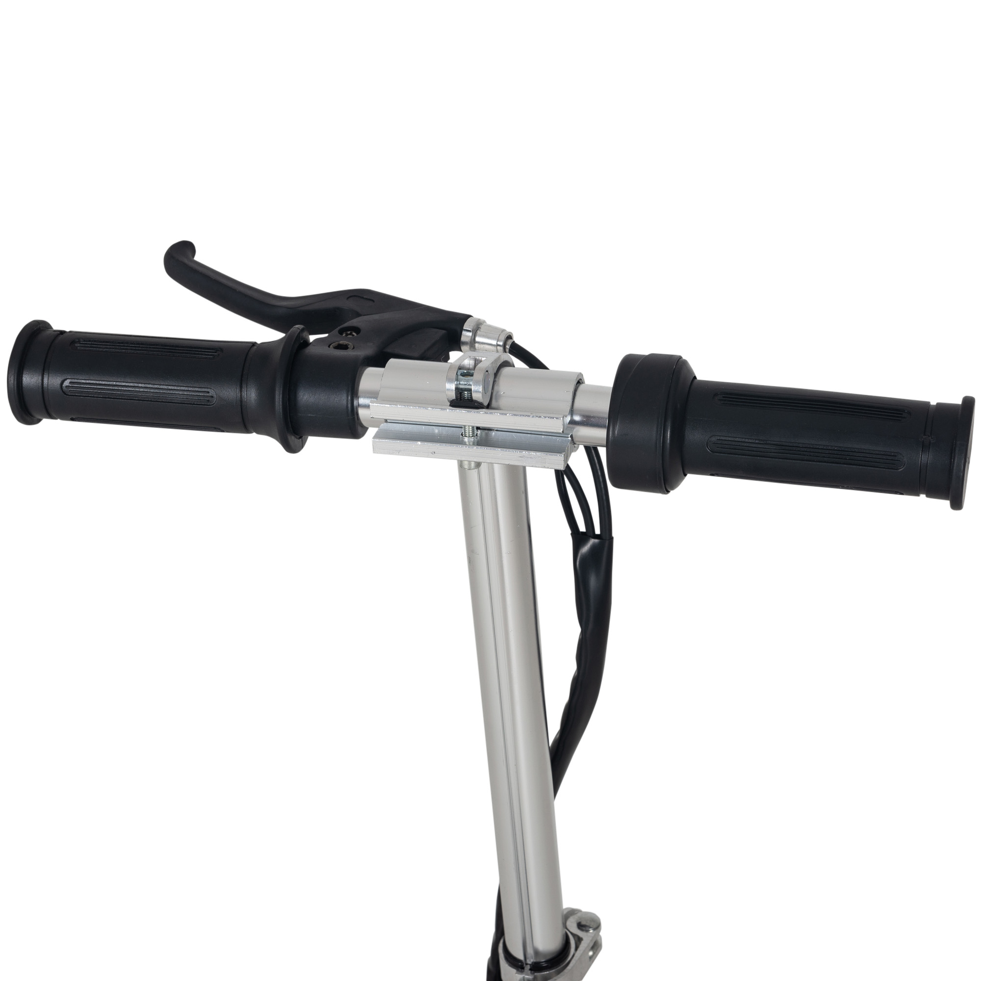 Manubrio di uno scooter, con impugnature nere e una leva del freno.