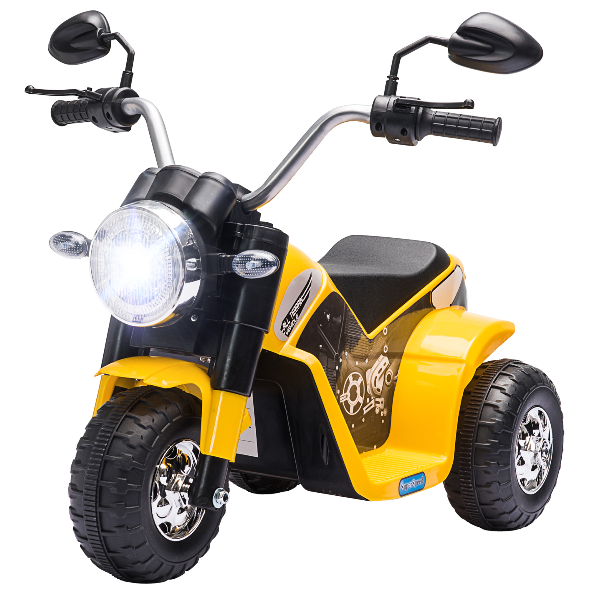 Moto giocattolo gialla con dettagli neri e finiture cromate. Vista frontale, luci accese.