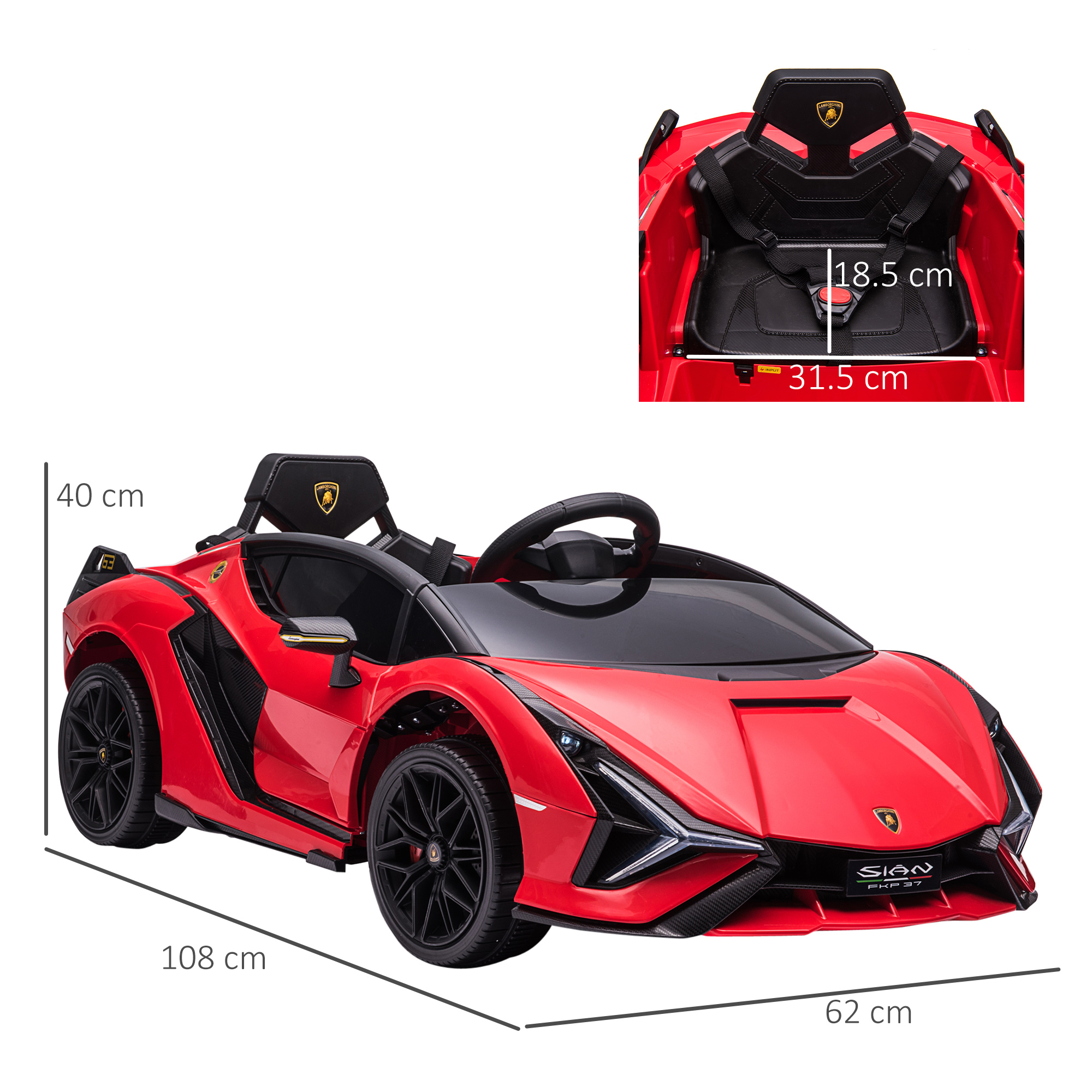 Una Lamborghini giocattolo rossa con porte aperte. Misure incluse. Il logo del marchio è visibile.