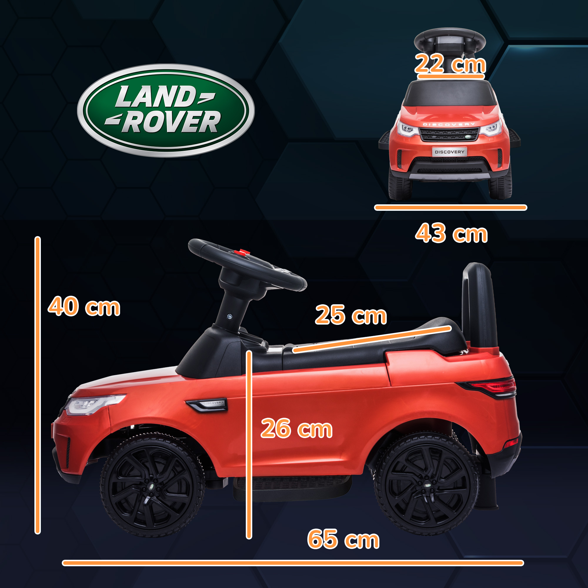 Auto arancione Land Rover per bambini con ruote nere e interni neri, dimensioni.