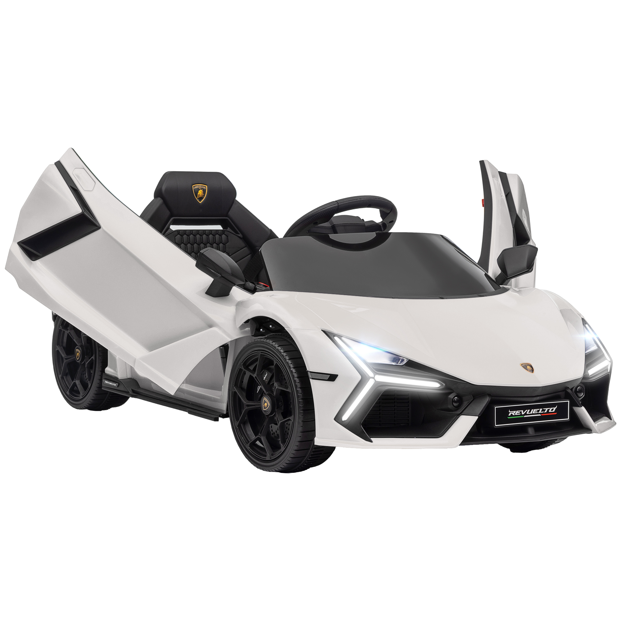 Lamborghini giocattolo bianco con porte aperte su sfondo bianco. Ruote e interni neri.