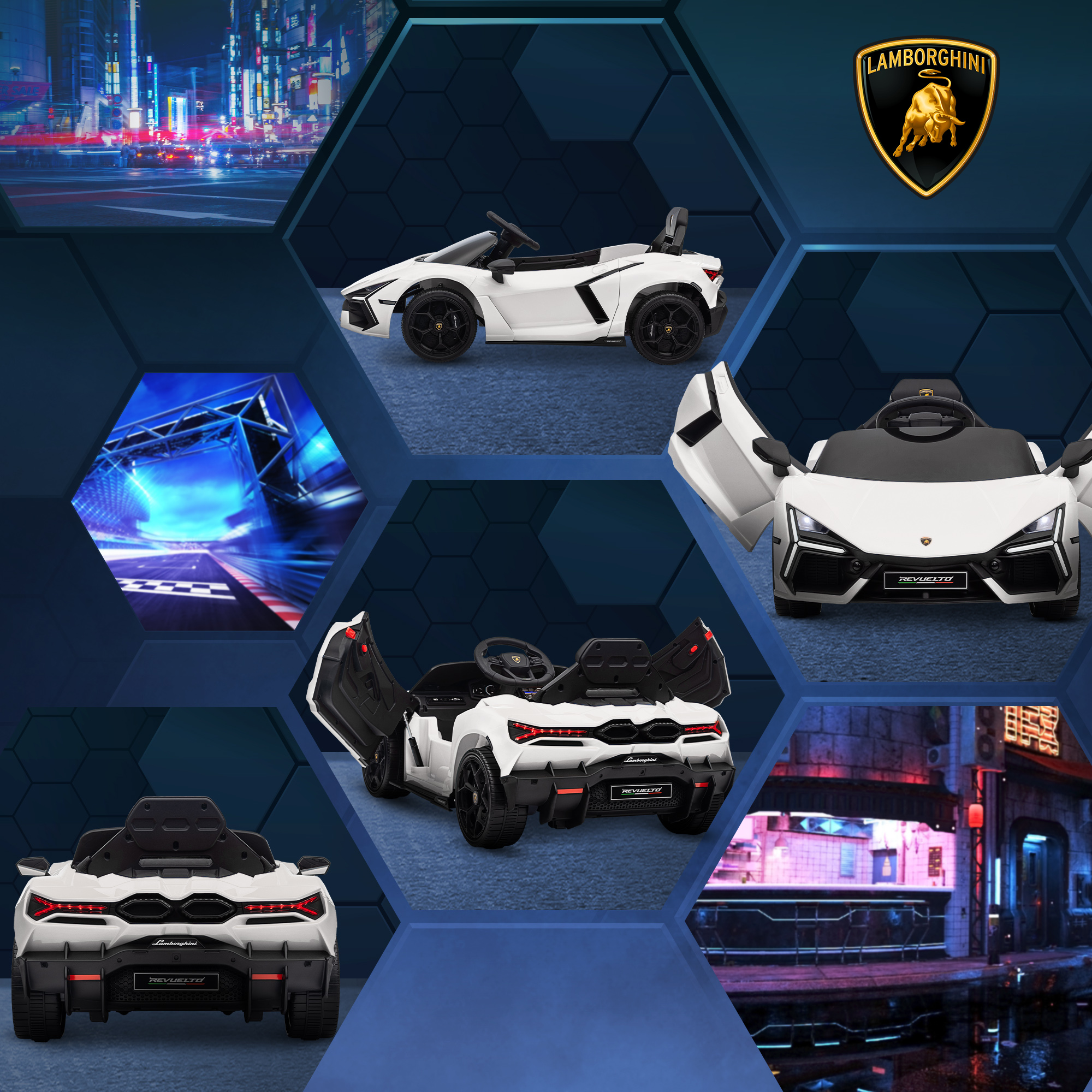 Un collage di immagini di un'auto giocattolo Lamborghini bianca e di una città.