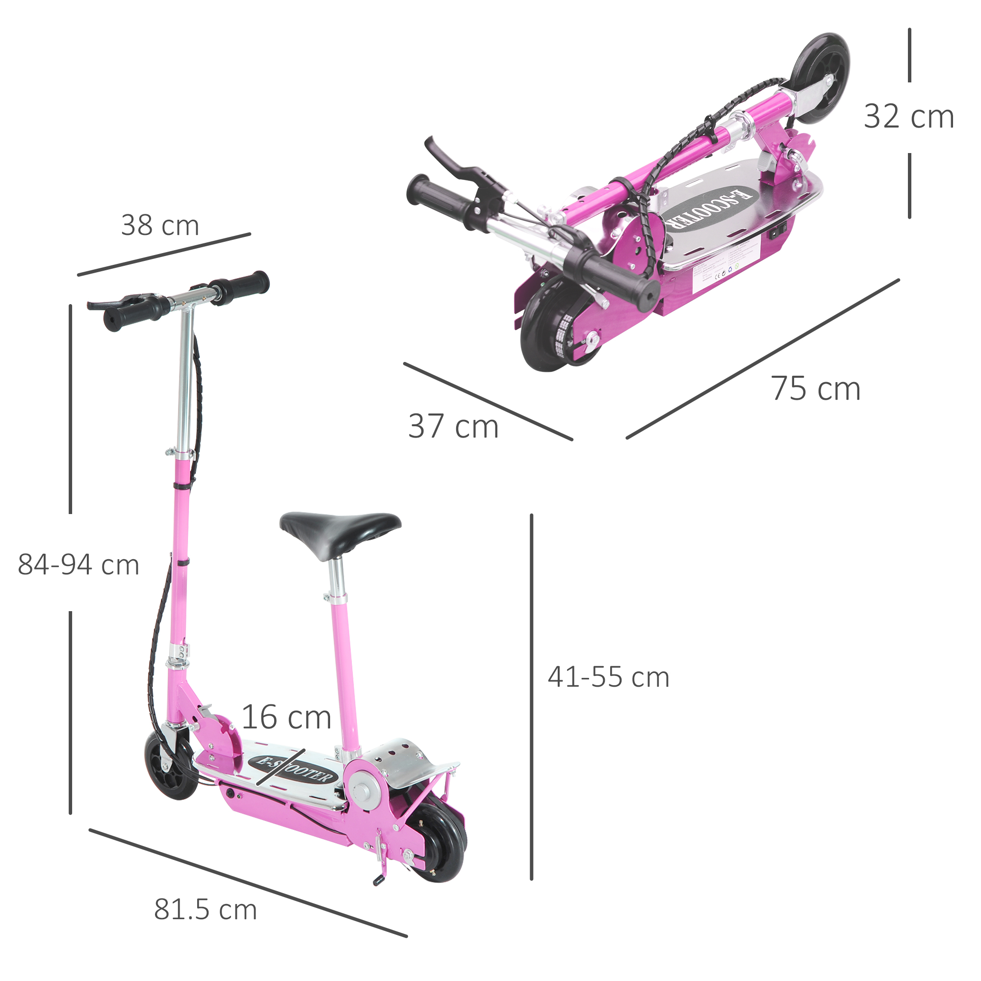 Scooter rosa pieghevole con dimensioni. Piegato e aperto, con dettagli neri e rosa.