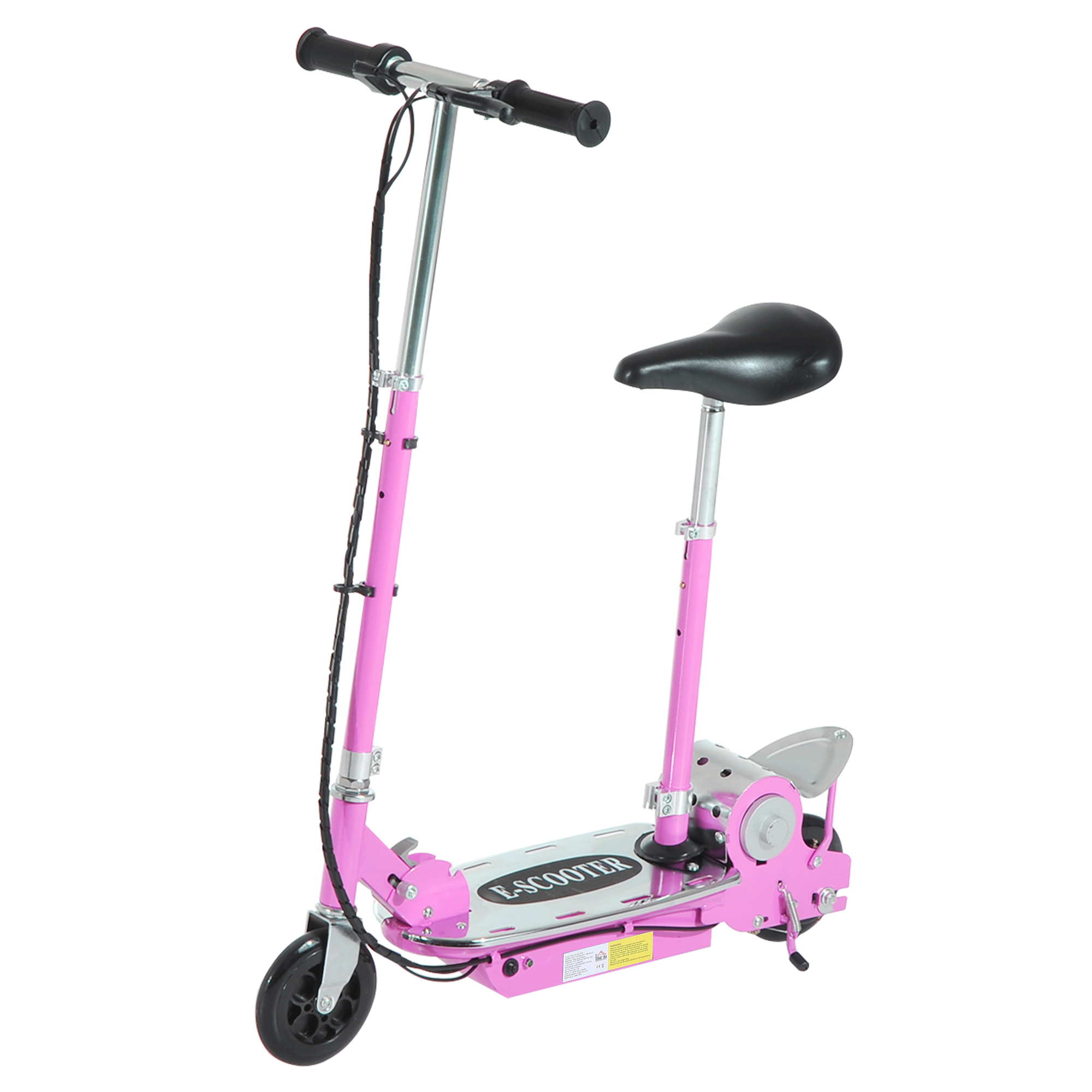 Giocattolo E-scooter rosa con sedile e manubrio neri, su sfondo bianco.